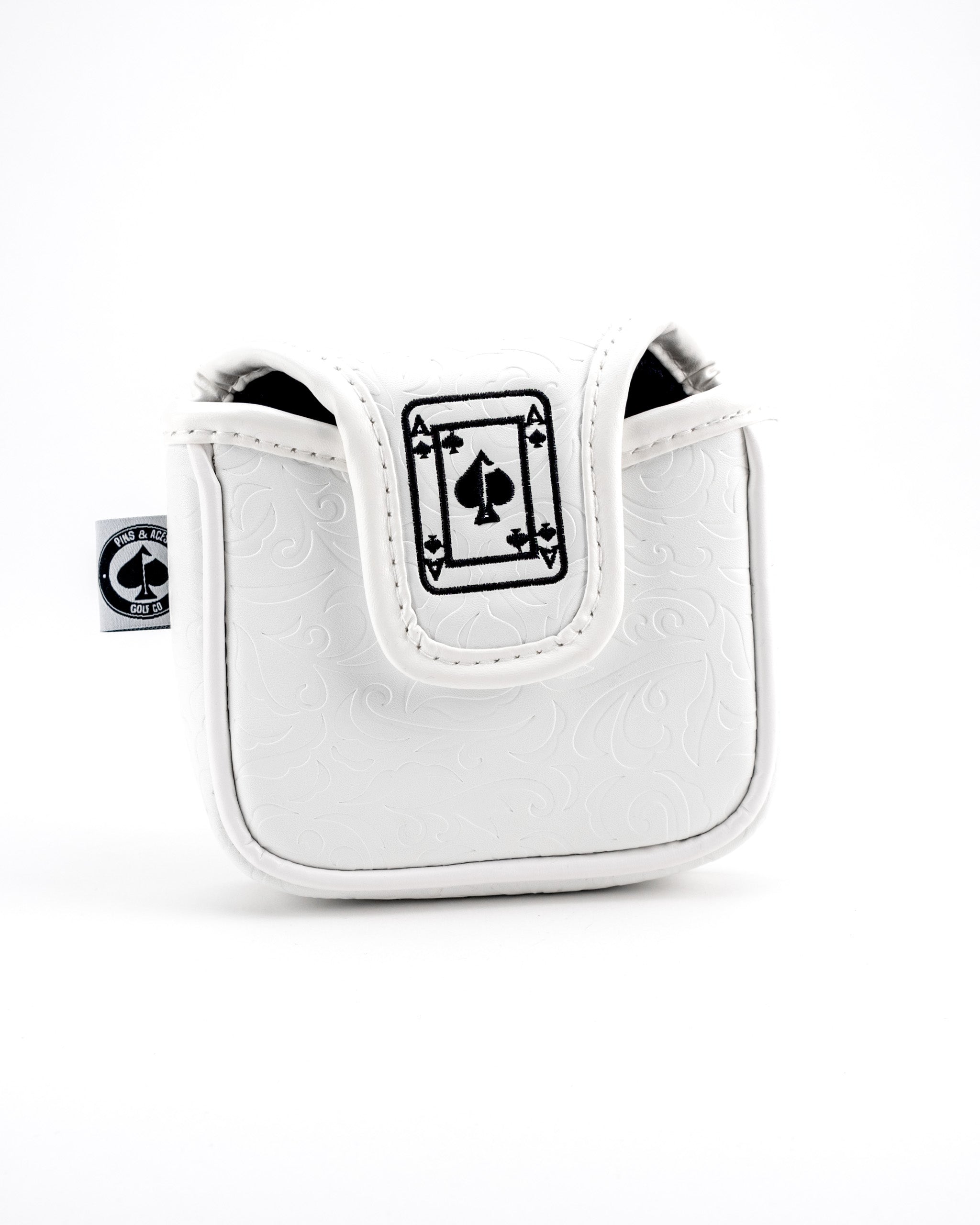 White mallet putter cover featuring an Ace of Spades design, perfect for golfers seeking bold style on the course.