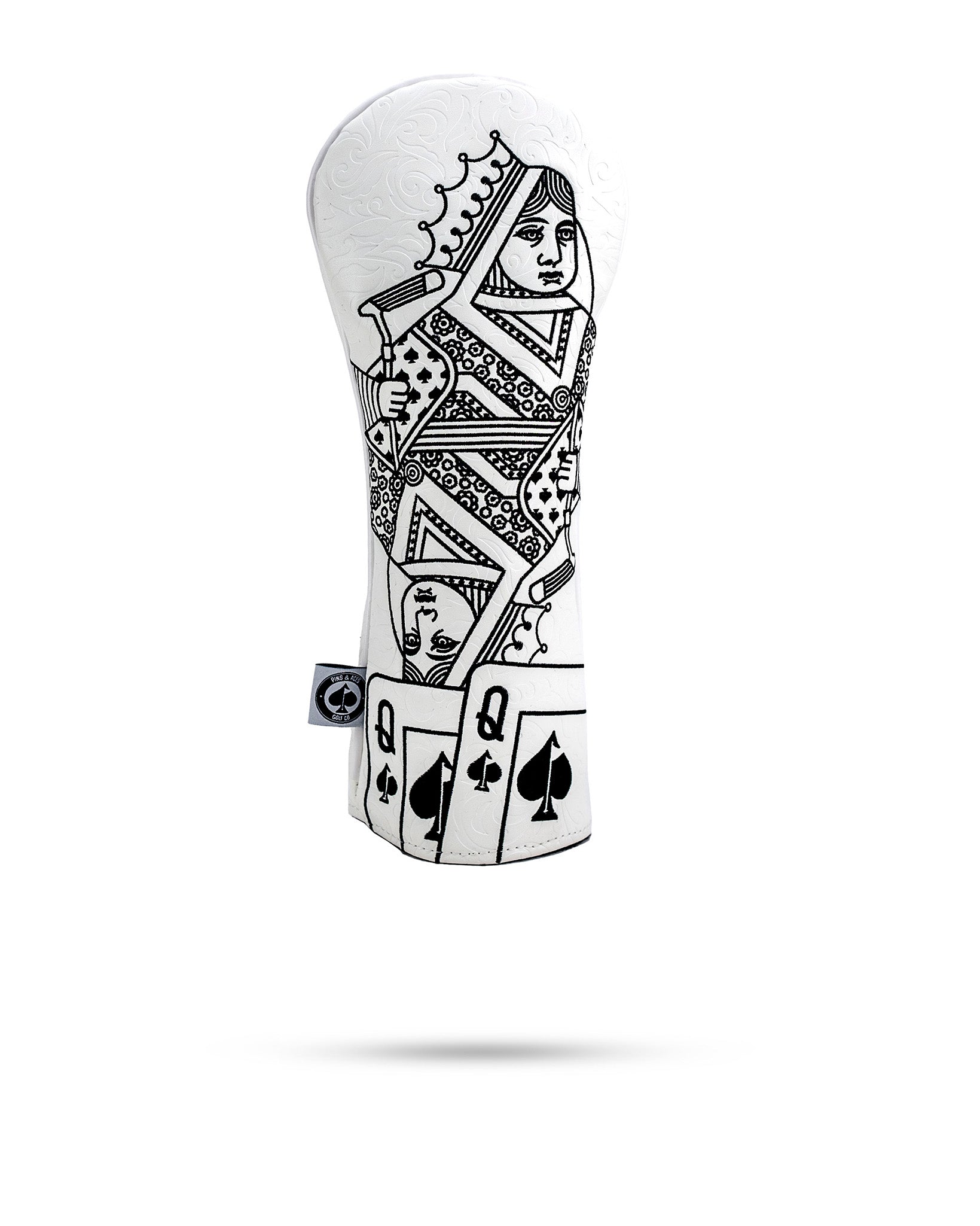 White Out Queen of Spades fairway cover featuring intricate black and white designs of the queen and playing cards.