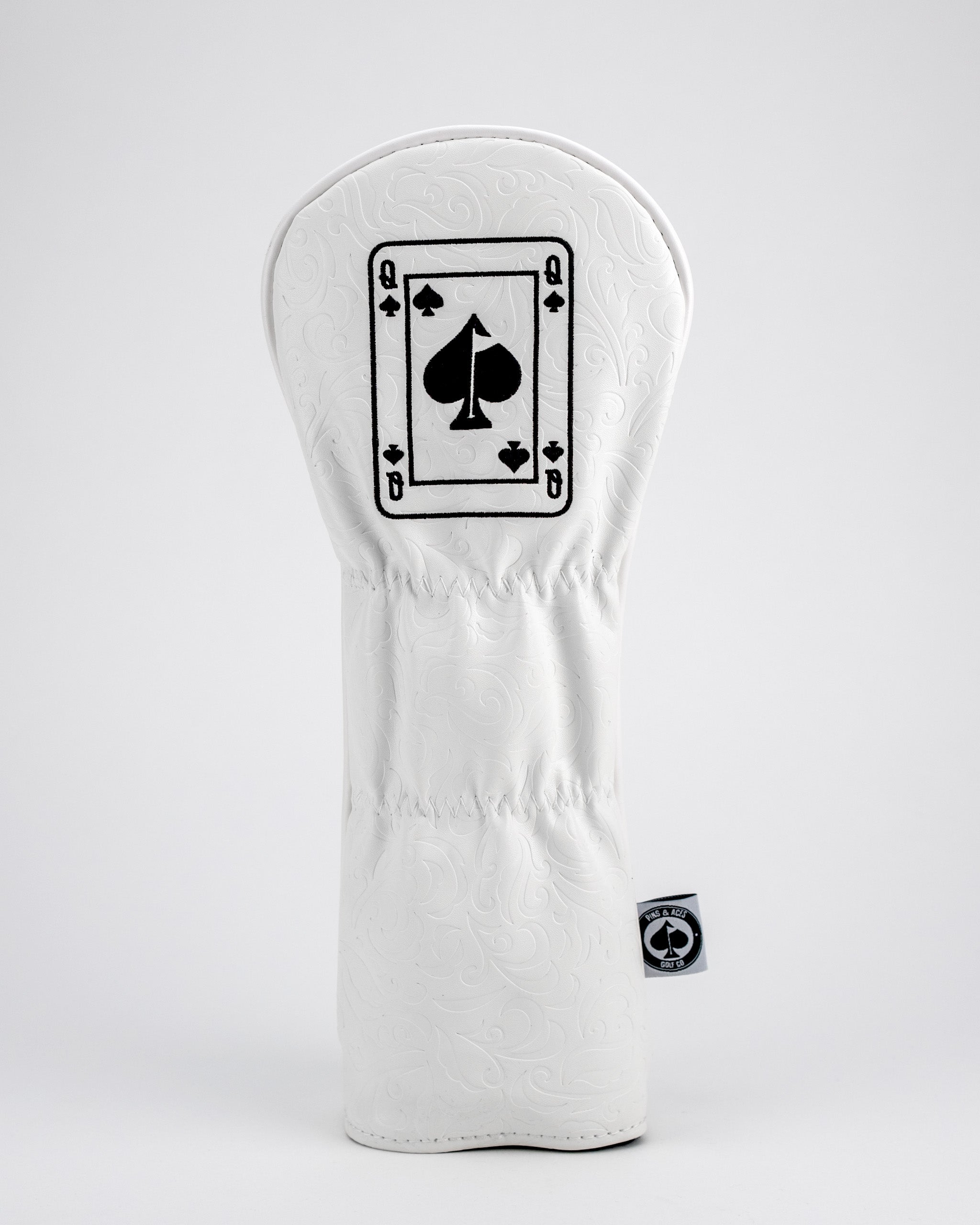White fairway cover featuring a Queen of Spades design, perfect for golfers seeking a stylish and unique accessory.