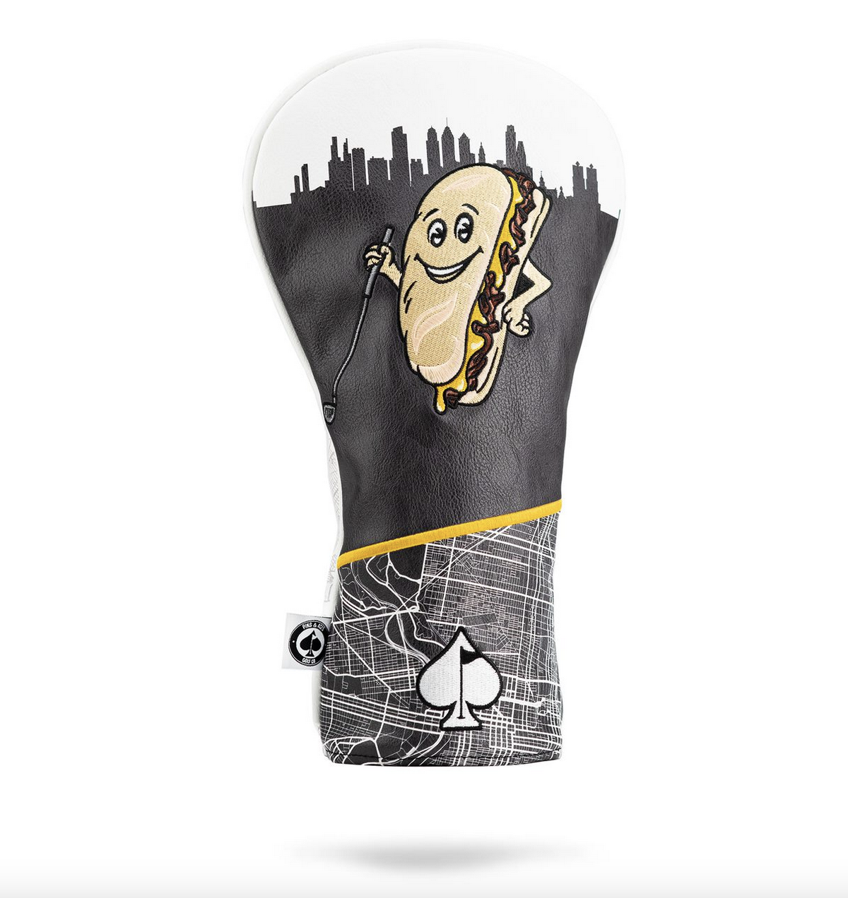 Bold Whiz Wit driver cover featuring a playful cheesesteak graphic and city skyline design, perfect for standout golfers.