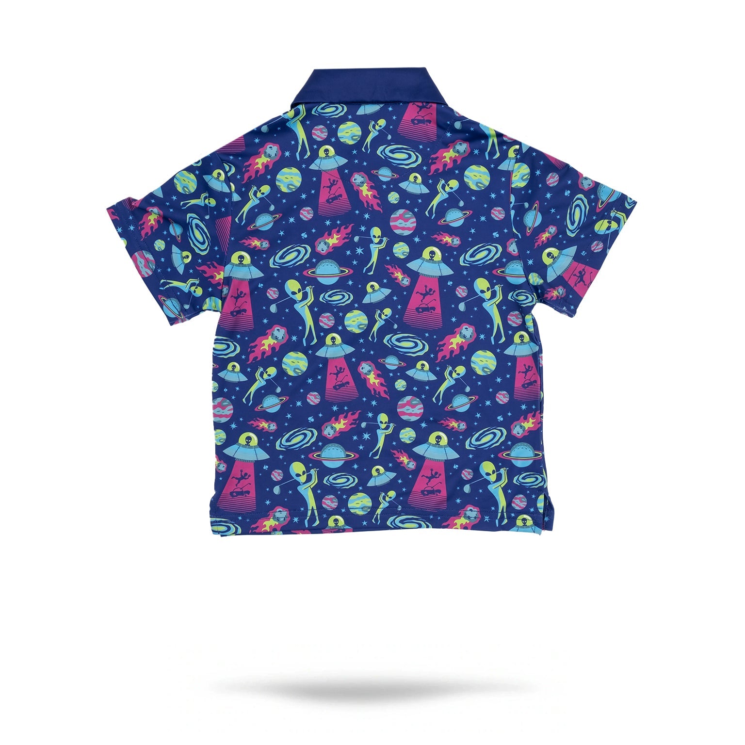 Colorful youth polo featuring a playful alien invasion design with spaceships, planets, and vibrant colors. Perfect for young golfers.