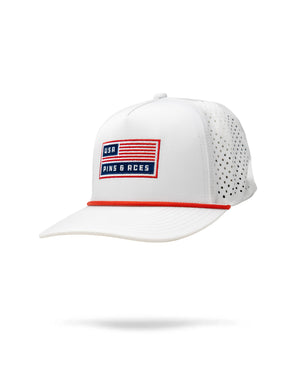 White perforated rope hat with USA flag patch, red trim on the brim, and breathable side panels.