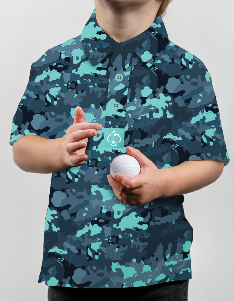 Youth Electric Camo golf shirt featuring a vibrant camouflage pattern, perfect for young golfers who want to stand out.