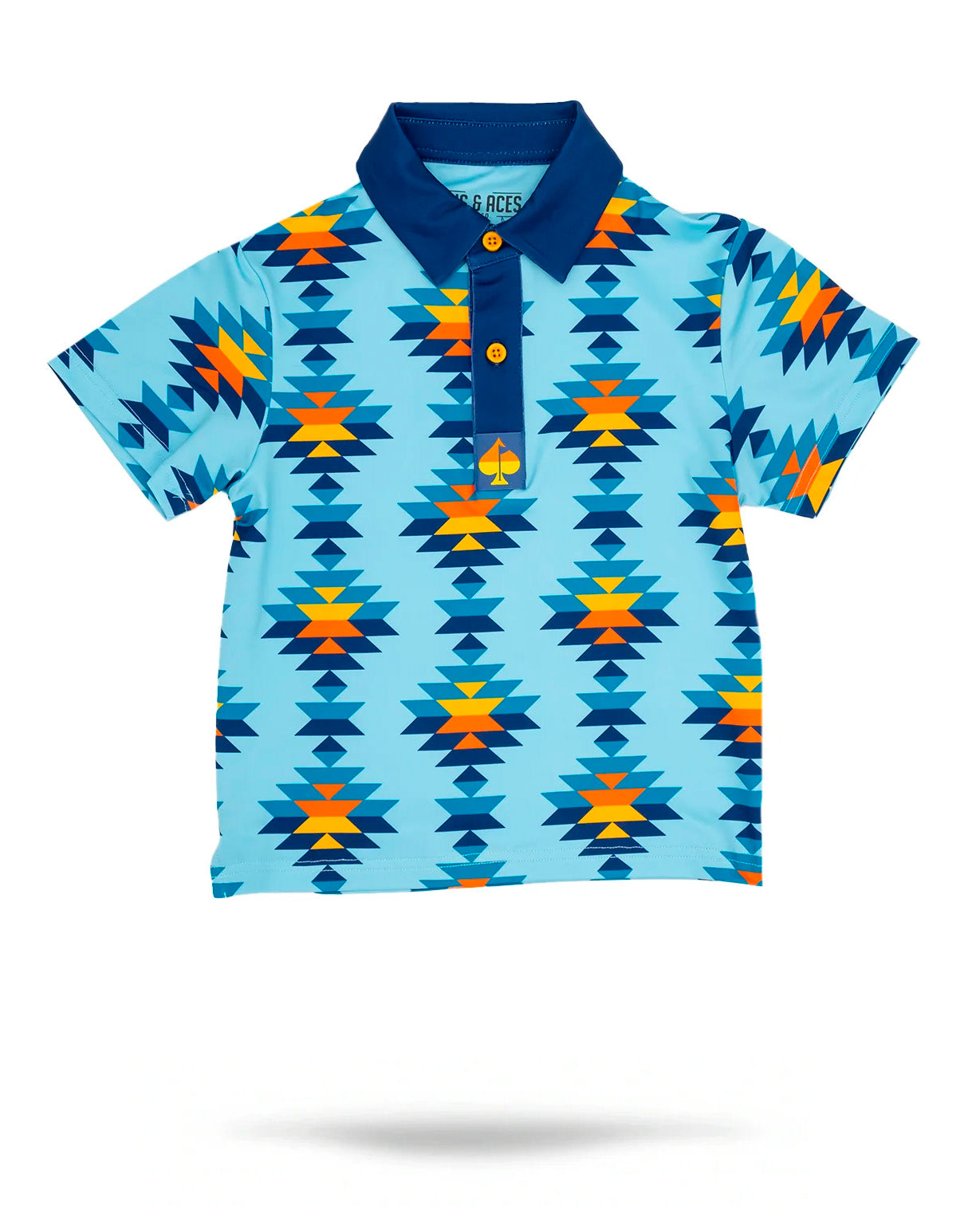 Youth Southwest Sunset Polo featuring a vibrant blue base with geometric patterns in orange and navy. Perfect for young golfers.