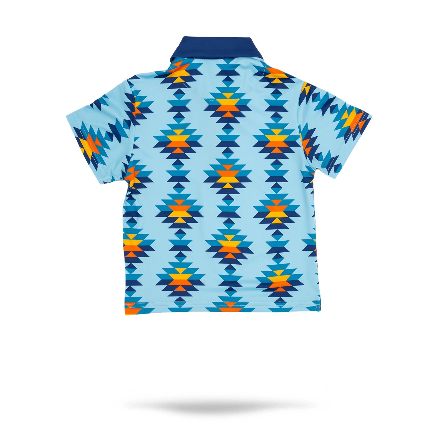 Youth Southwest Sunset Polo featuring a vibrant geometric pattern in blue, orange, and navy, perfect for stylish young golfers.