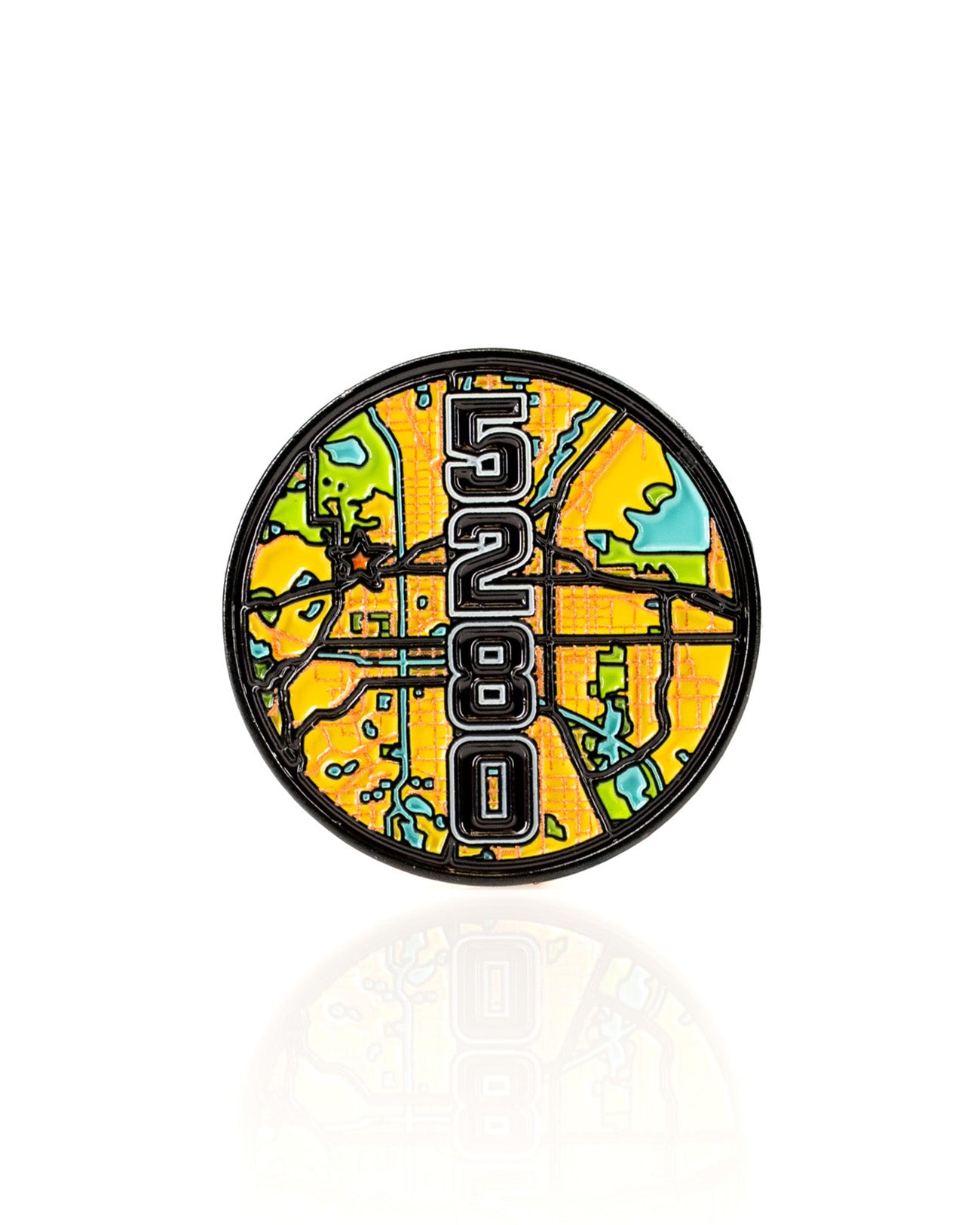 Colorful round ball marker featuring a map design with the number 5280, ideal for golfers seeking unique accessories.