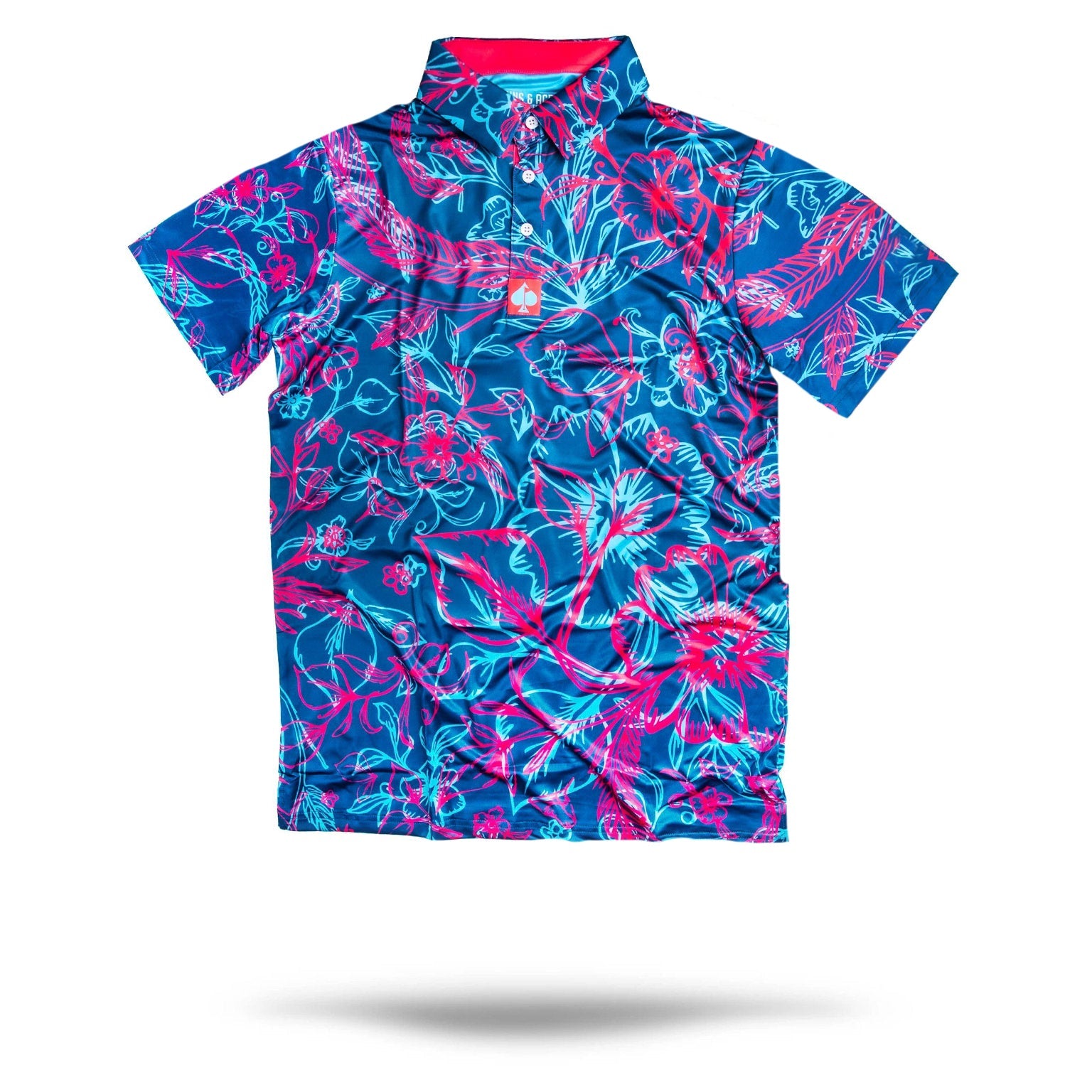 Bold floral-patterned golf shirt in vibrant blue and pink, designed for golfers who want to stand out on the course.