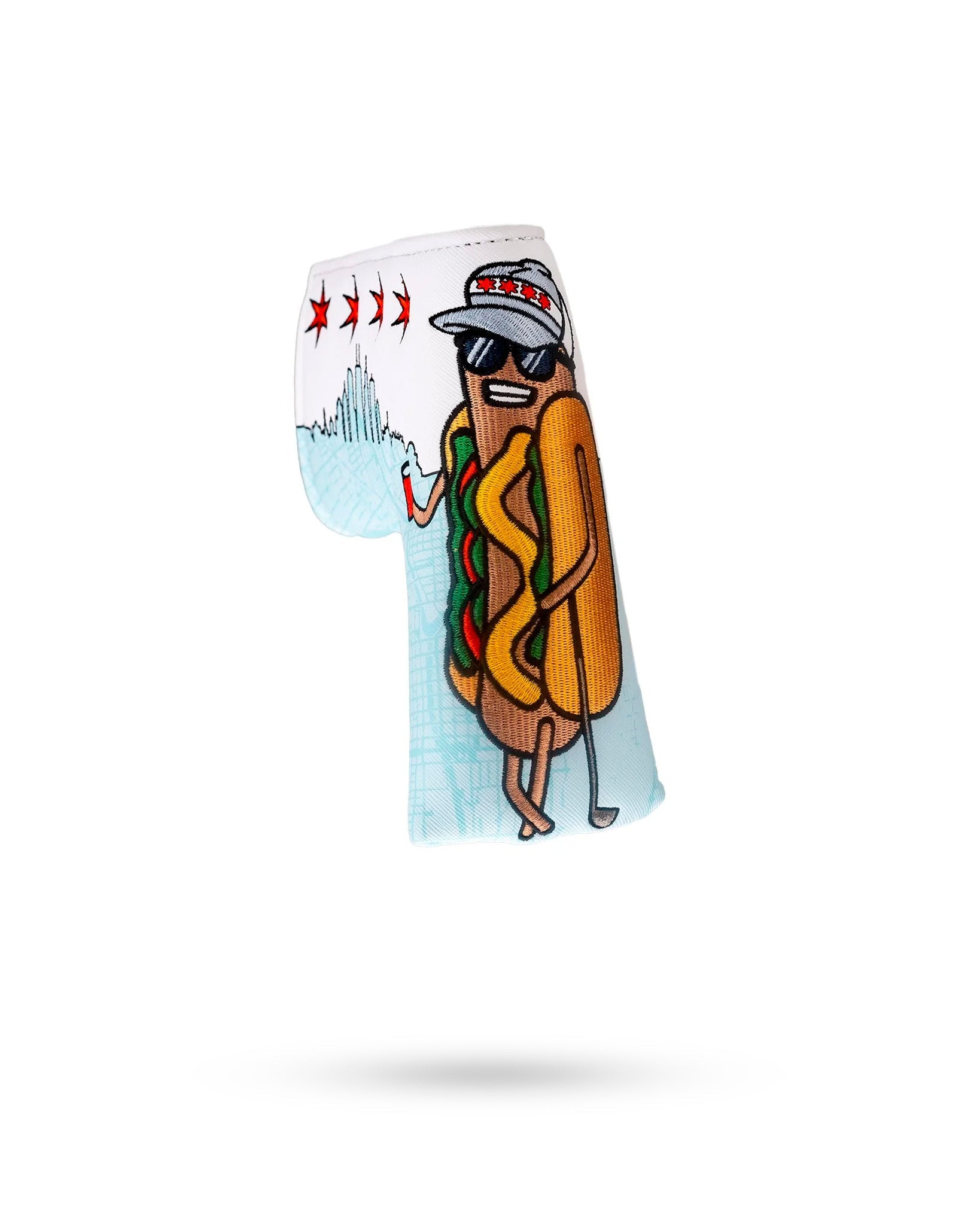 Chicago Dog Blade Putter Cover featuring a cartoon hot dog in sunglasses, perfect for adding flair to your golf game.