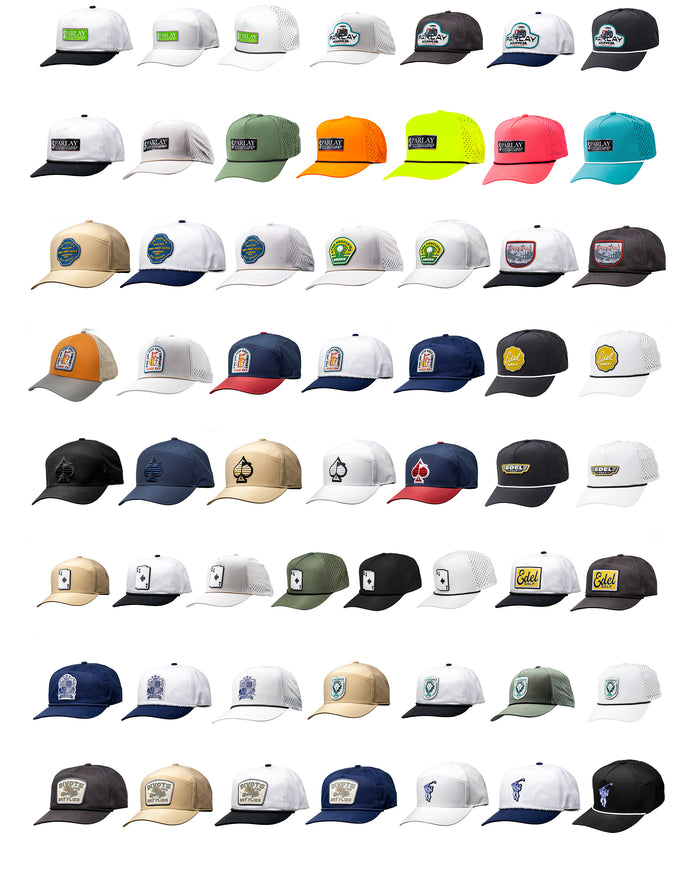 Collection of colorful golf caps featuring bold logos, patches, and unique designs for standout style on the course.