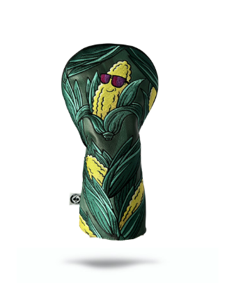 Bold corn-themed driver headcover featuring a cool corn character with sunglasses among green leaves. Perfect for unique golf style.