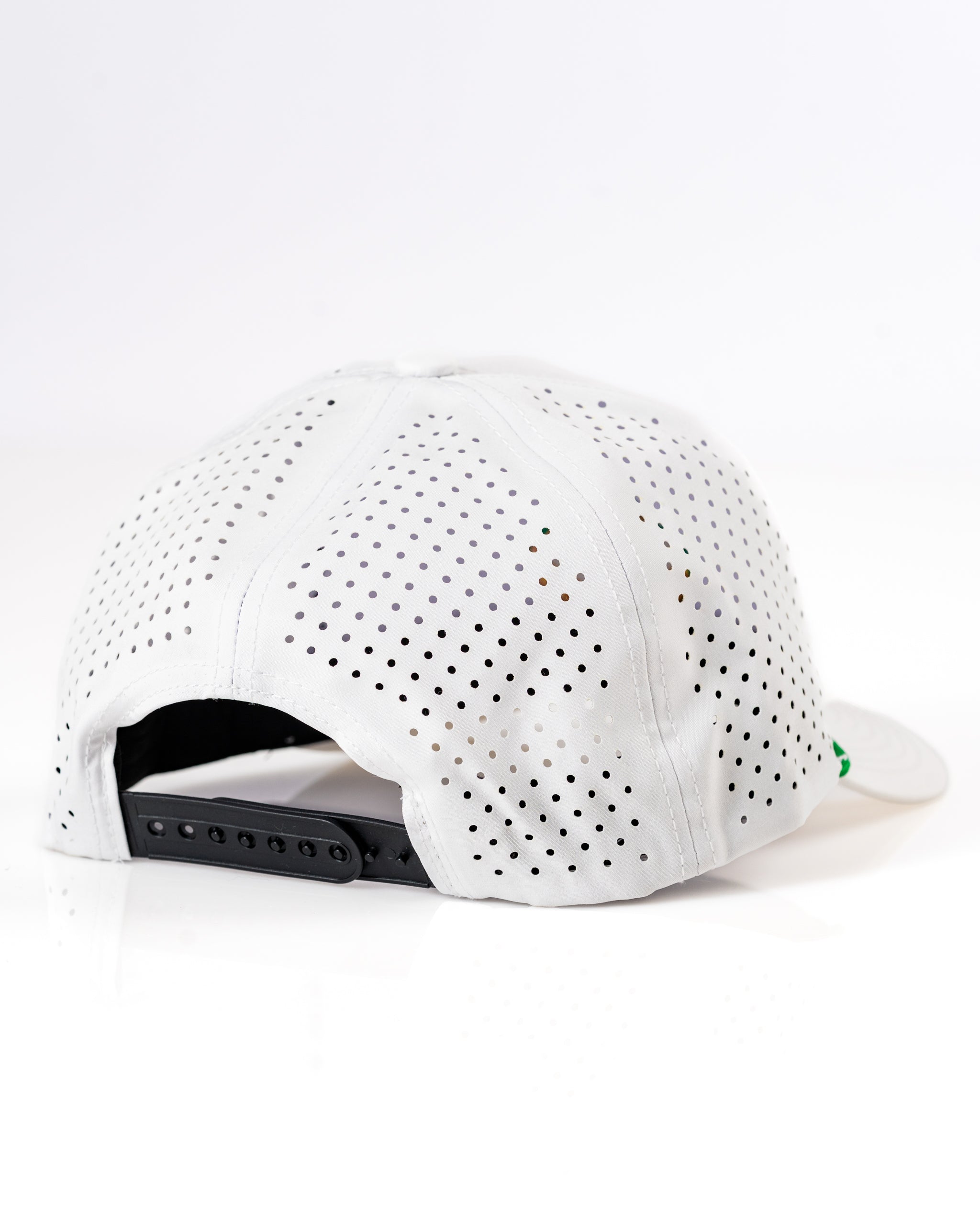 Perforated white rope hat featuring a stylish design and adjustable strap for a comfortable fit on the golf course.