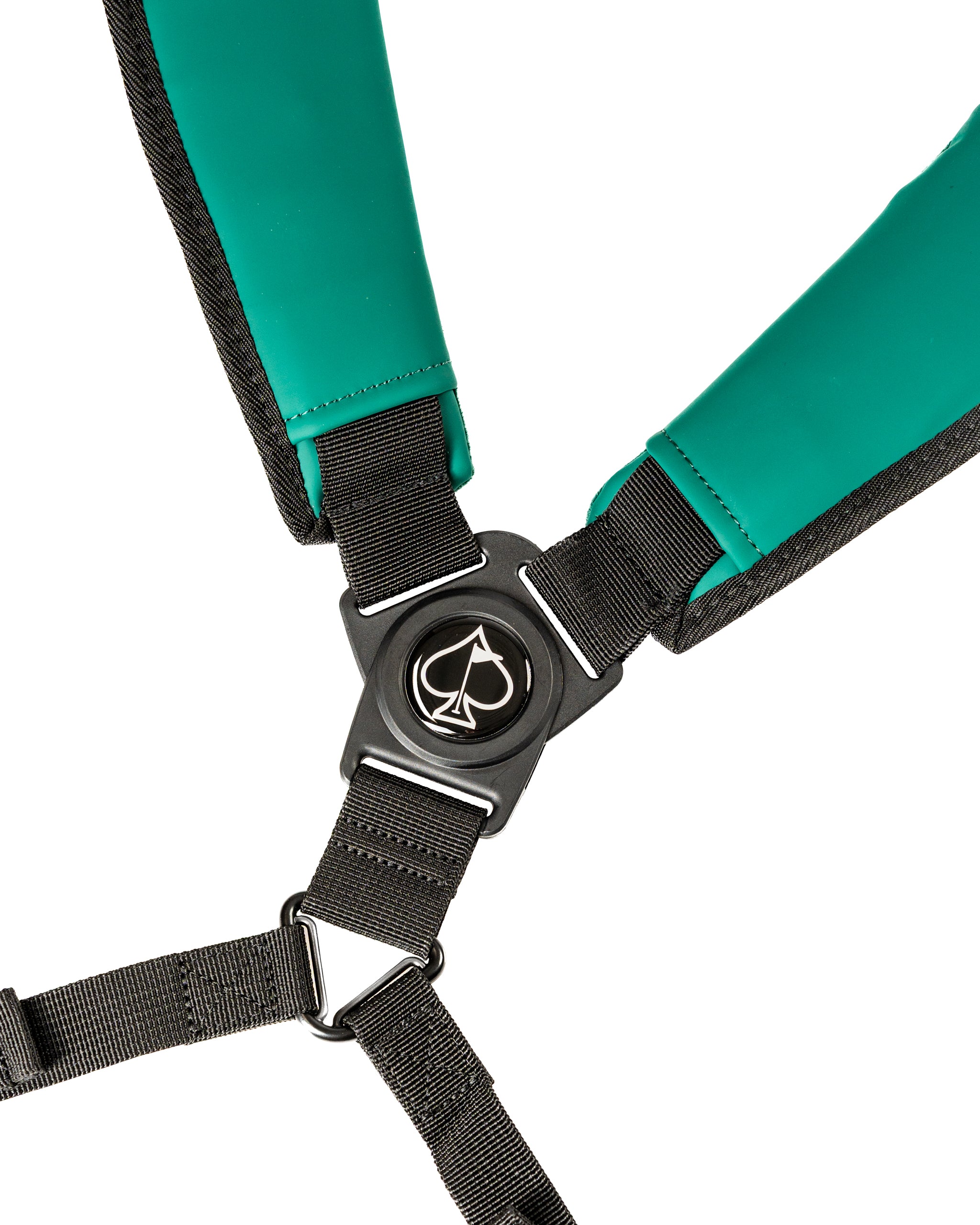 Close-up of the Player Preferred Golf Bag strap featuring a spade logo and adjustable buckles for comfort and style.