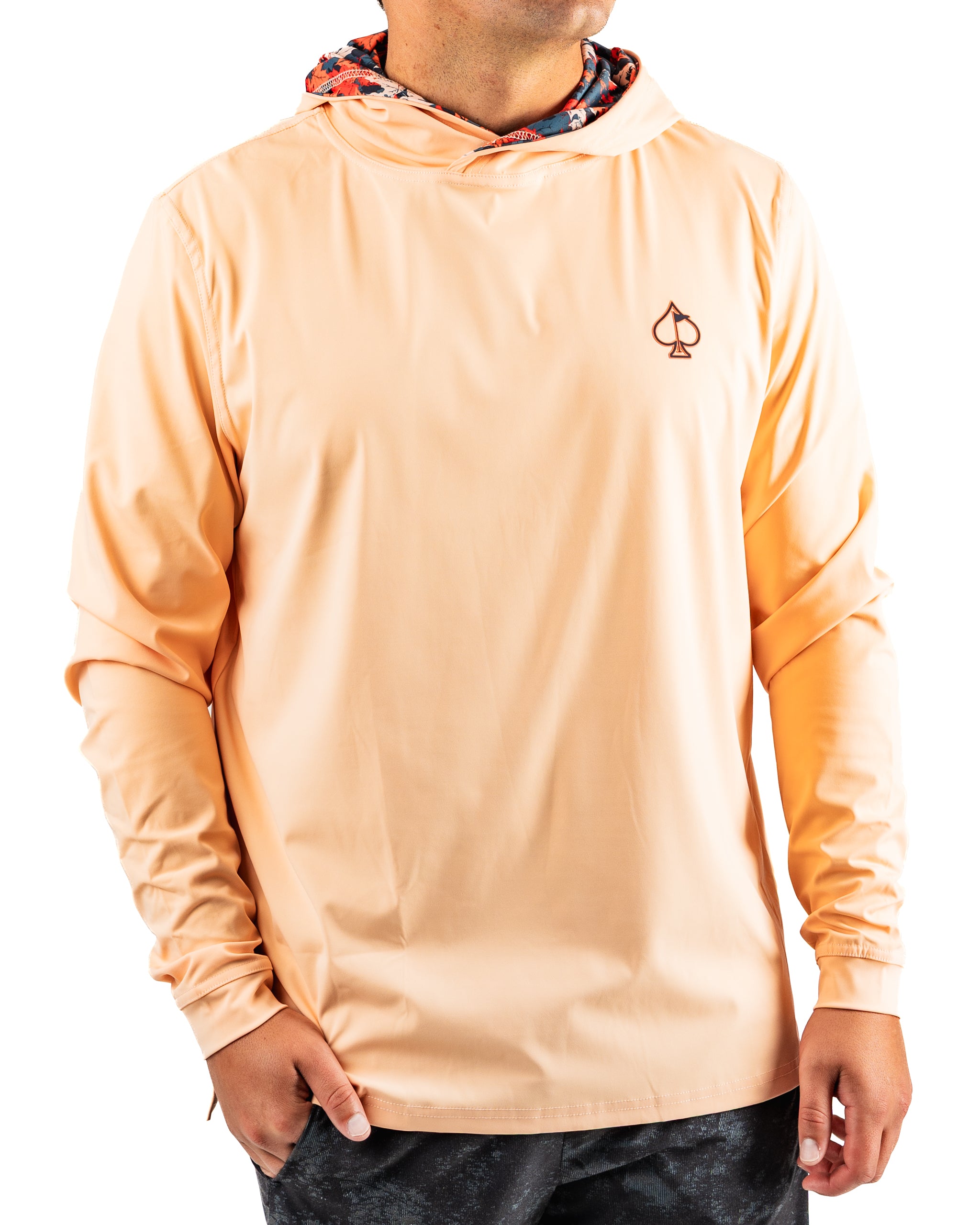 Men's performance golf hoodie in autumn leaves color, featuring a stylish hood and a spade logo on the chest.