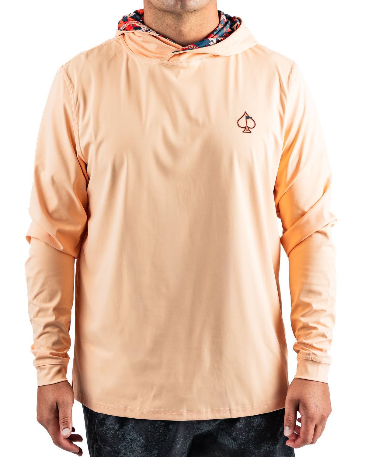 Lightweight performance golf hoodie in autumn leaves color, featuring a stylish hood and spade logo on the chest.