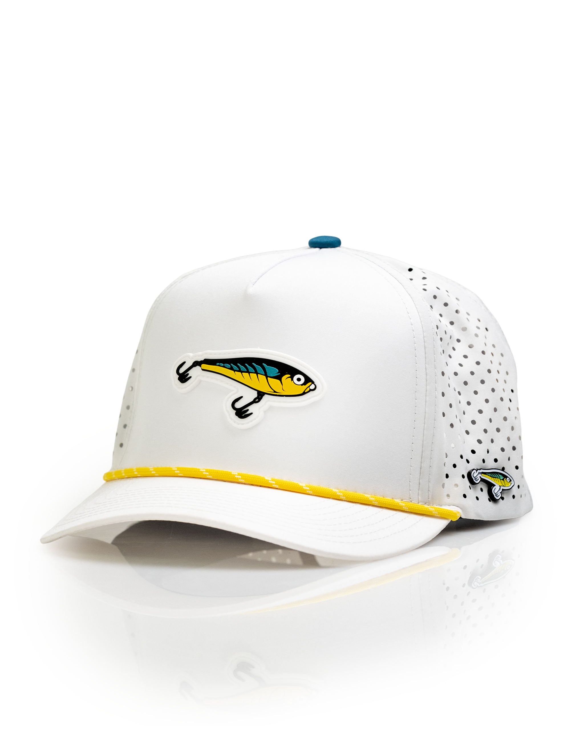 White perforated rope hat featuring a colorful fishing lure design and yellow accent on the brim, perfect for fishing enthusiasts.