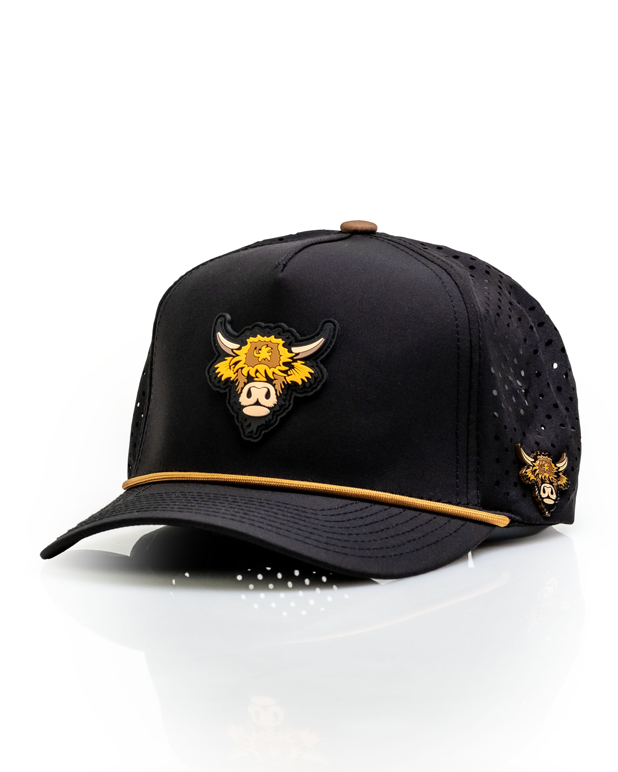 Highland Cow Black perforated rope hat featuring a bold cow design and stylish gold accents for a unique golf look.