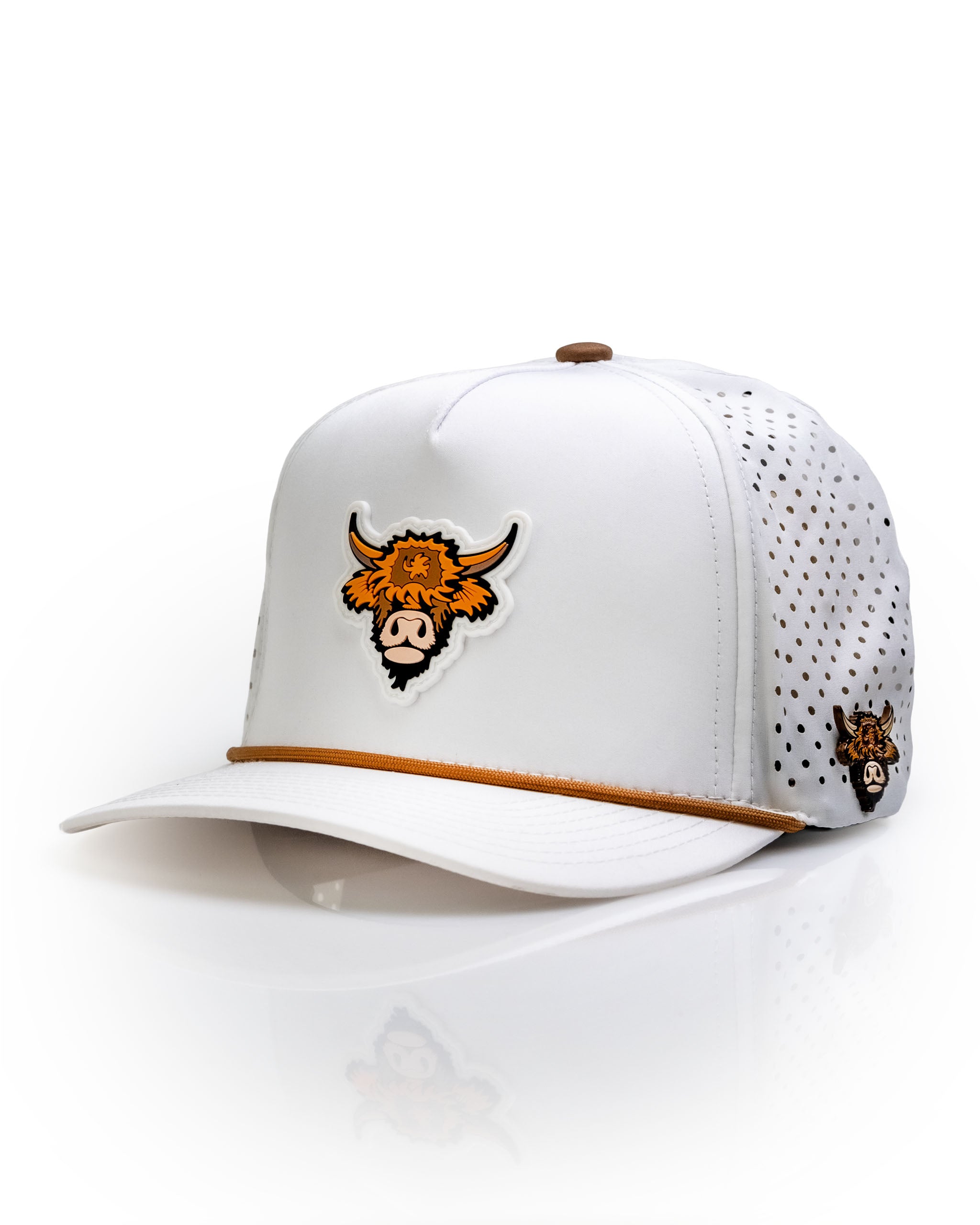 Highland Cow White perforated rope hat featuring a bold cow graphic and stylish design for standout golf apparel.