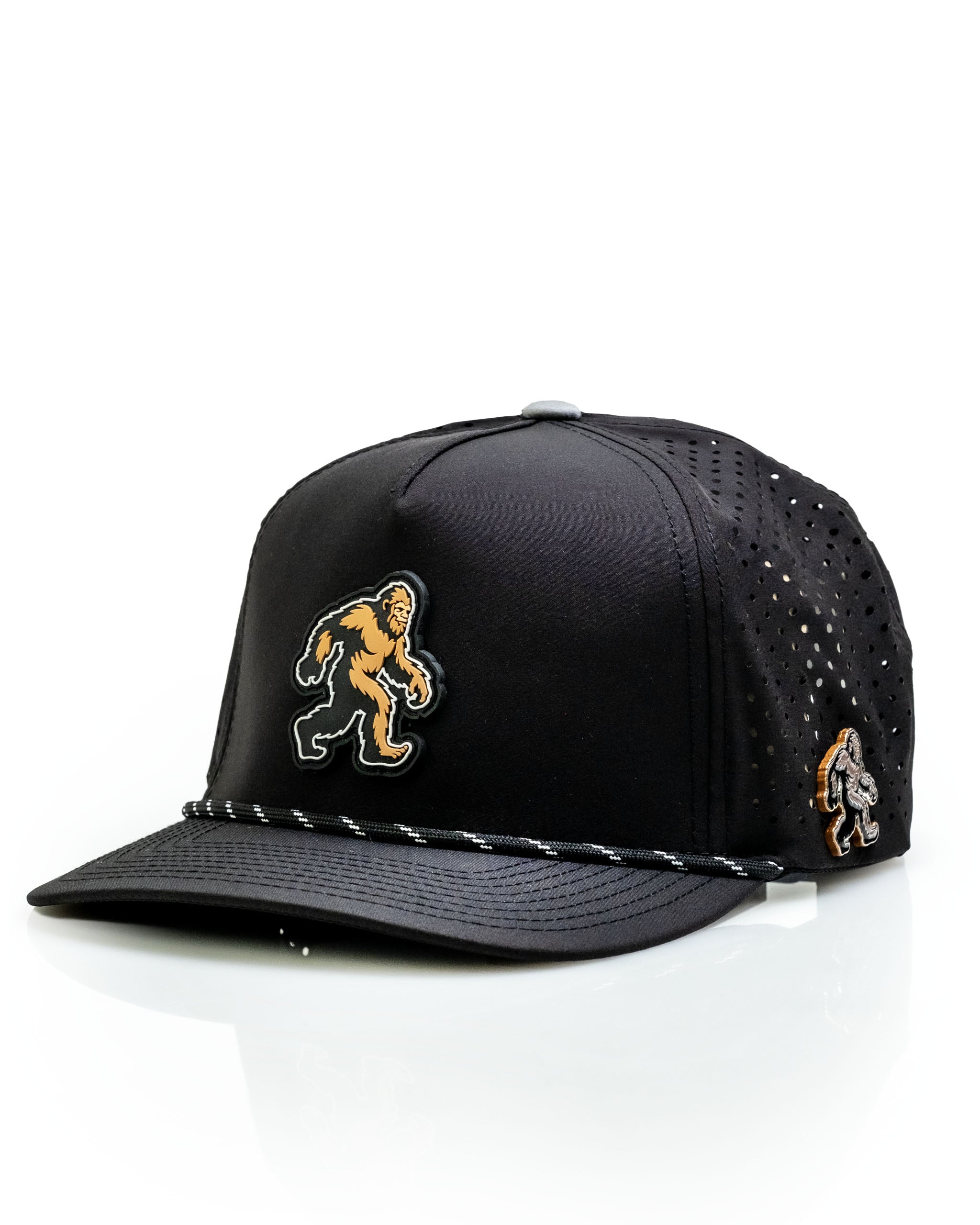 Sasquatch Black perforated rope hat featuring a bold Sasquatch logo and stylish design for standout golfers.