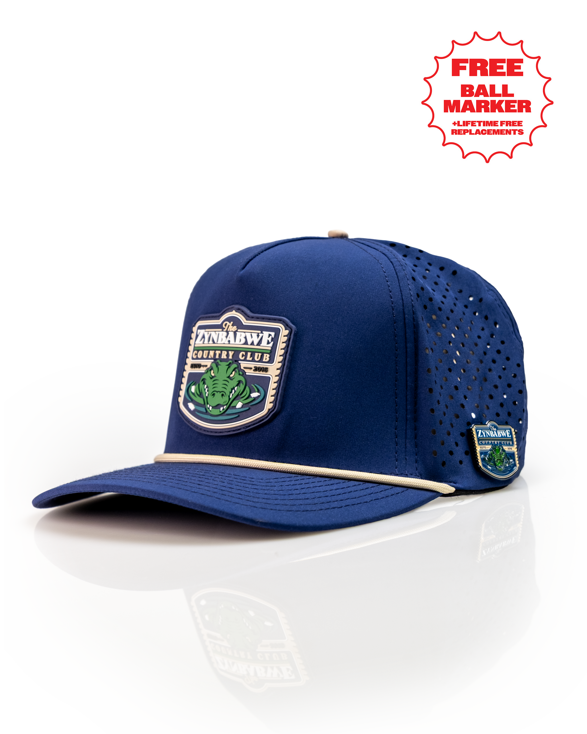 Navy perforated rope hat featuring Zynbabwe Country Club logo and a free ball marker for stylish golf enthusiasts.