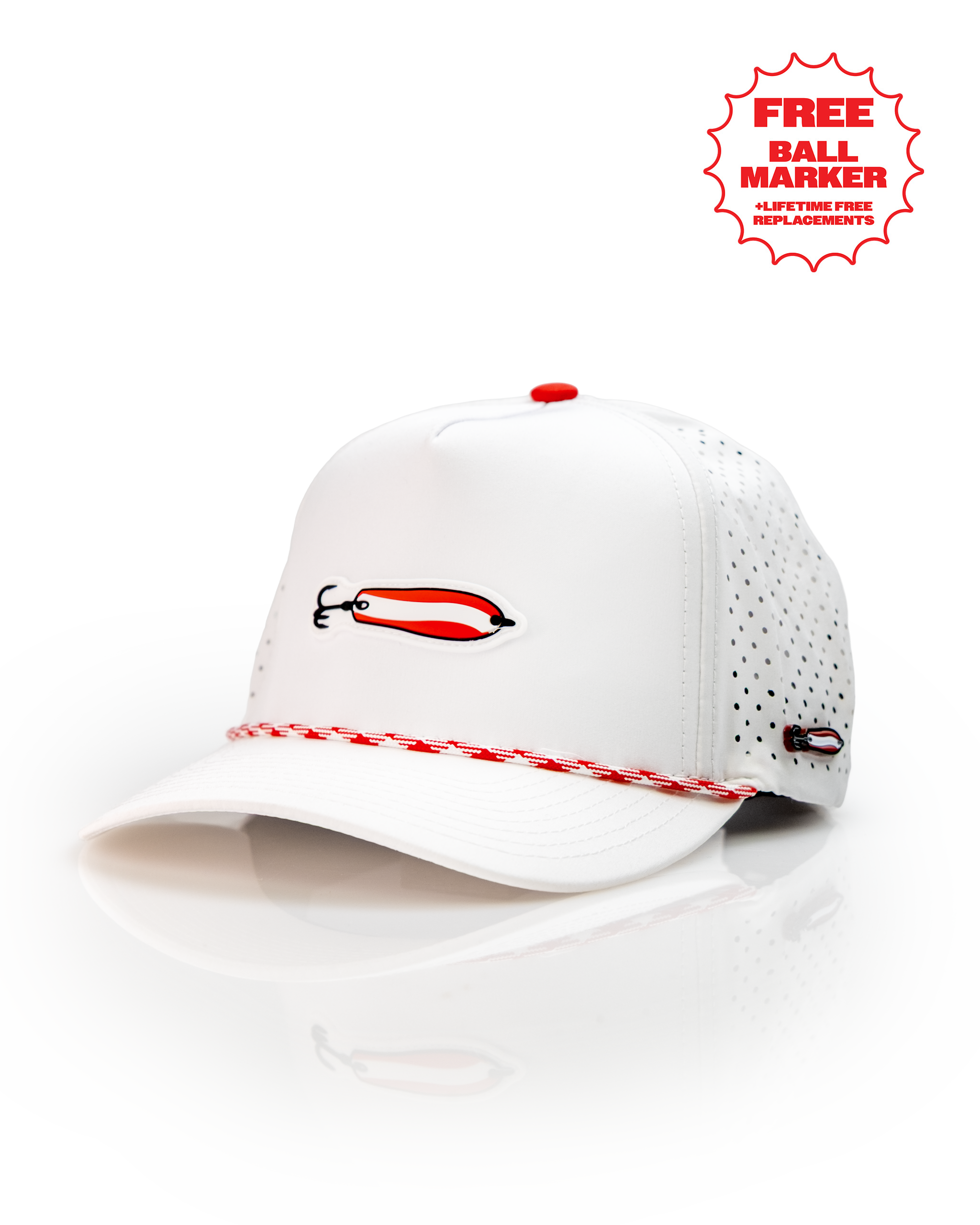 Dare Devil Spoon White perforated rope hat featuring a bold design and a free ball marker for golfers.