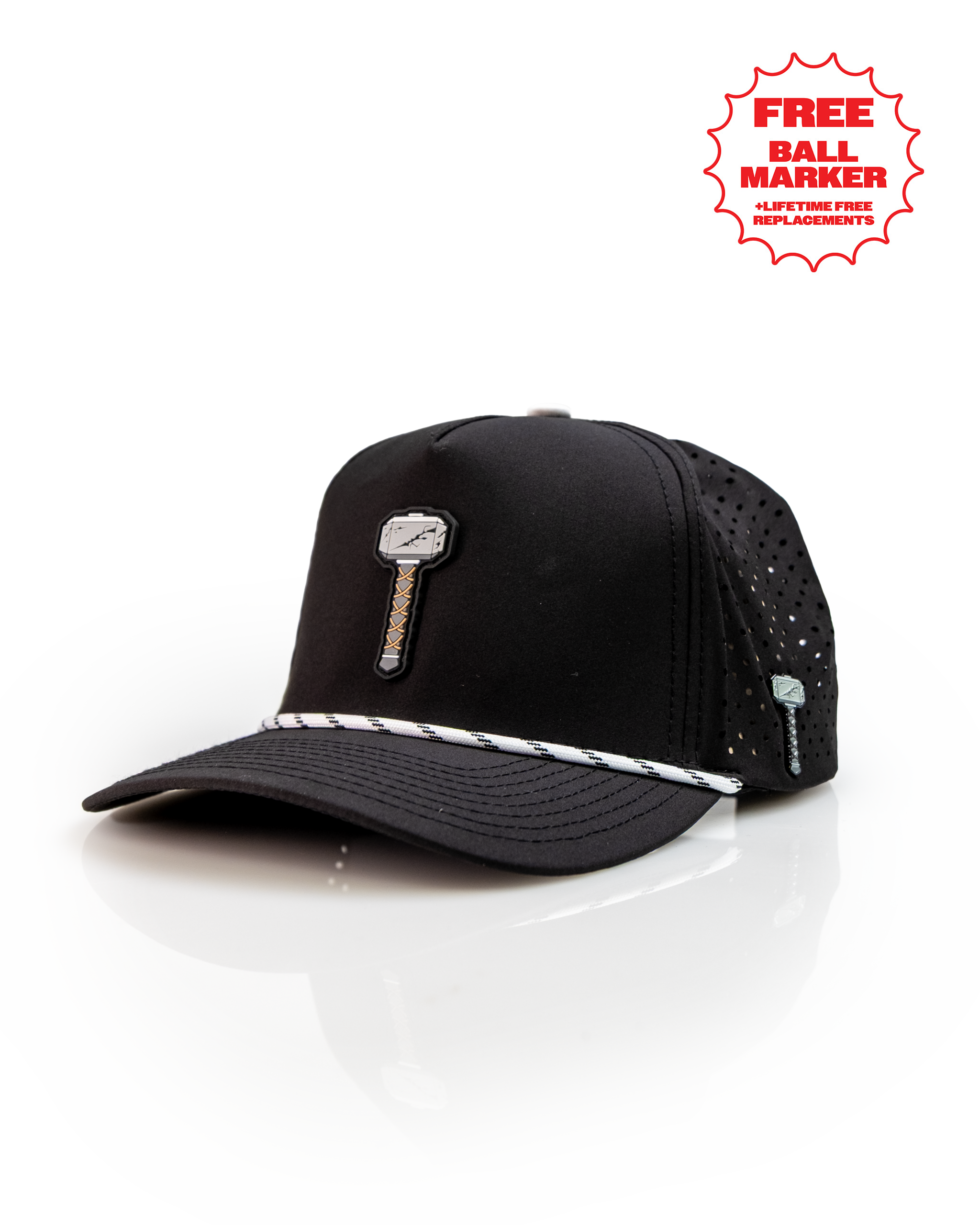 Black perforated rope hat featuring Thor's Hammer design, perfect for stylish golfers seeking standout accessories.