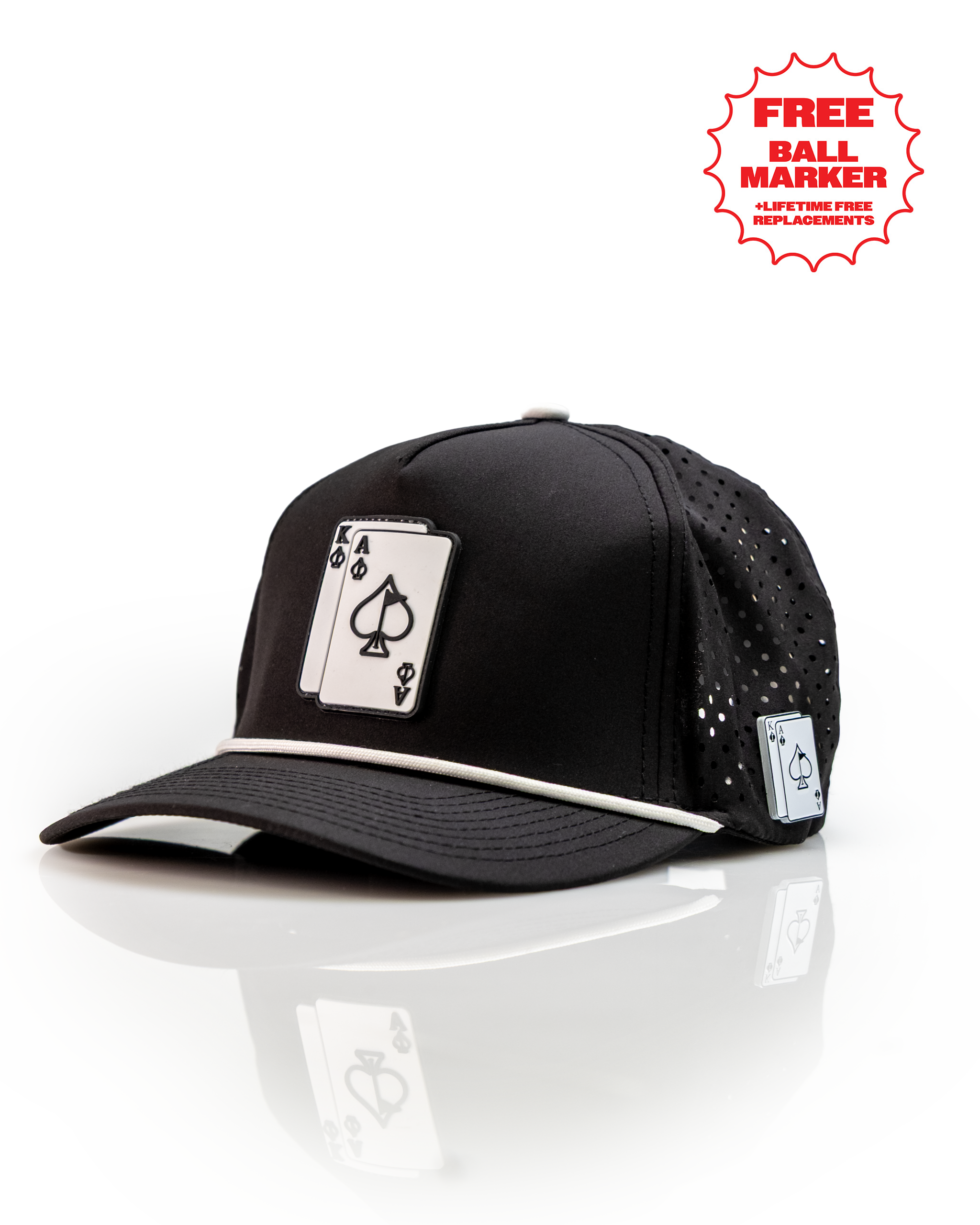 Black perforated rope hat featuring Ace and King playing card designs, perfect for stylish golfers. Includes free ball marker.