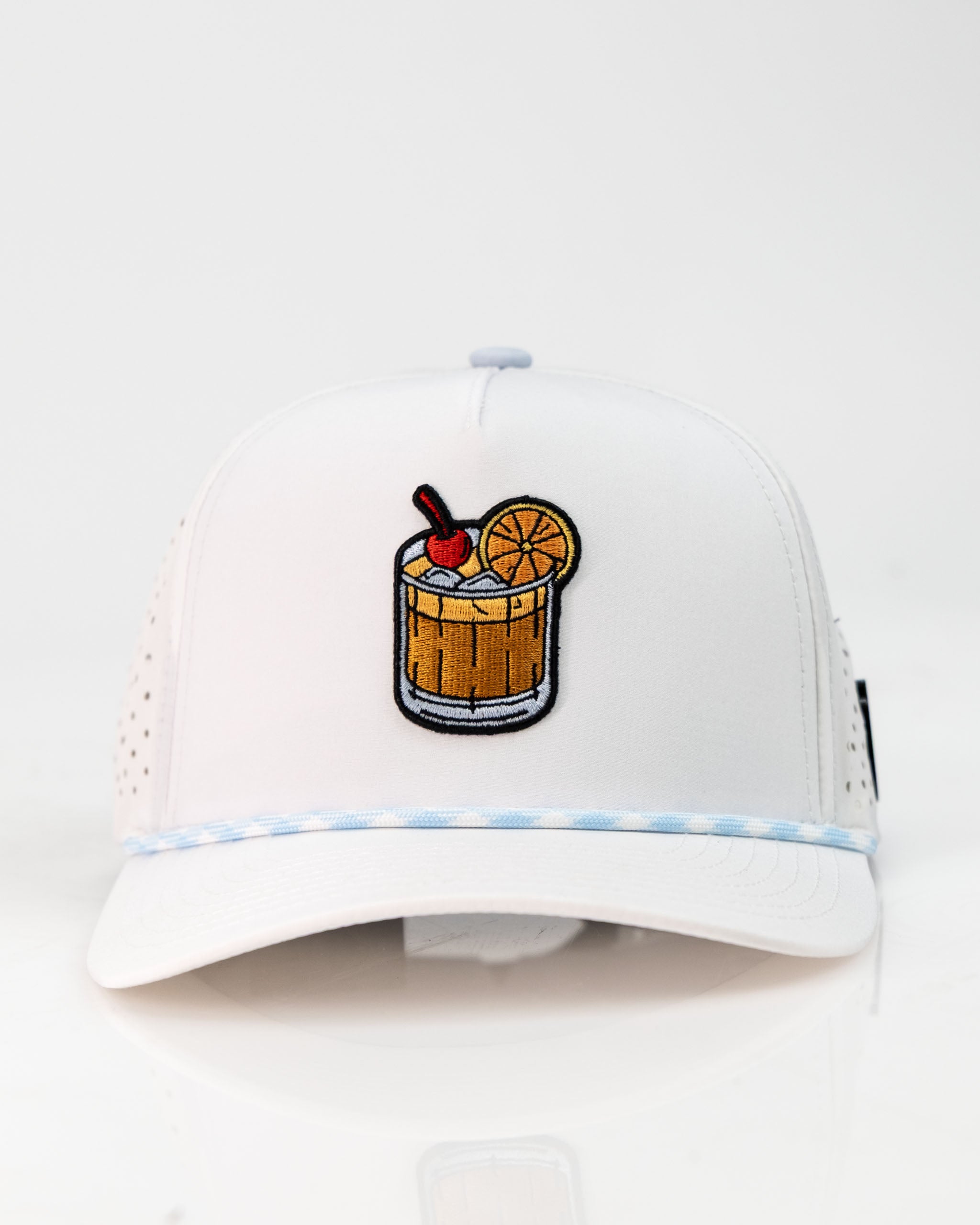 Old Fashioned White perforated rope hat featuring an embroidered cocktail design and a light blue accent band.