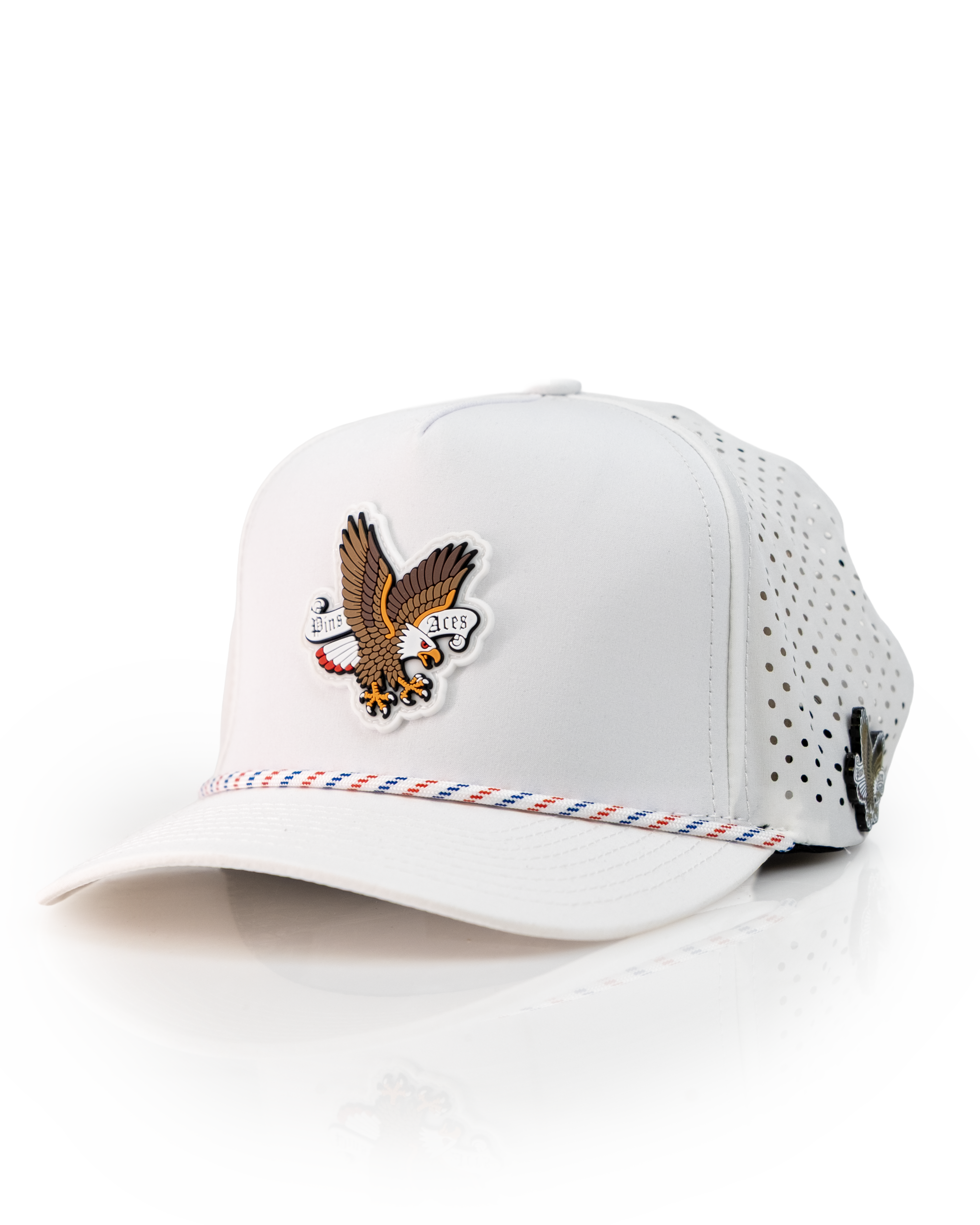 White perforated rope hat featuring a detailed eagle emblem, perfect for golfers seeking a bold and stylish look.