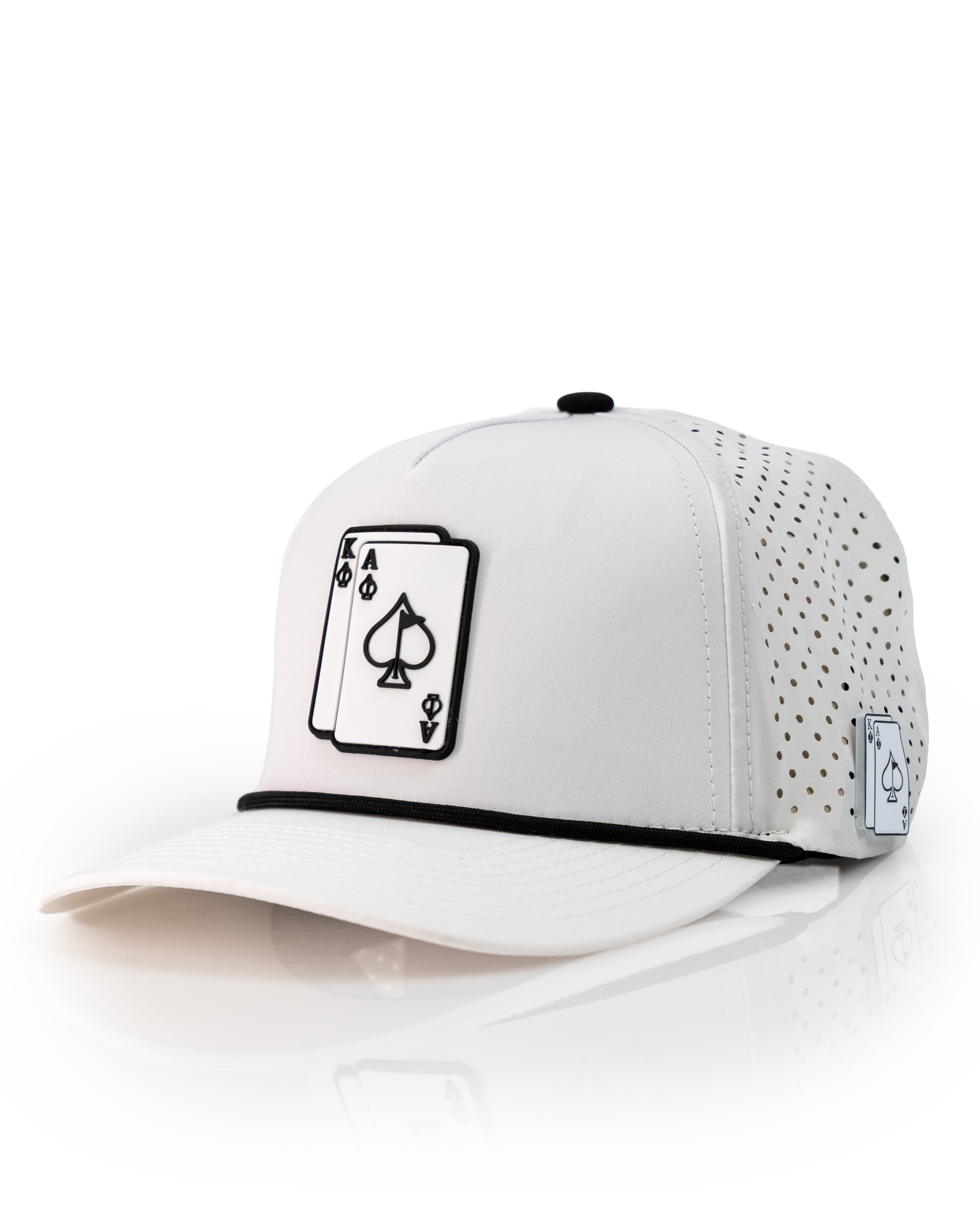 White perforated rope hat featuring Ace and King playing cards design, ideal for stylish golfers.