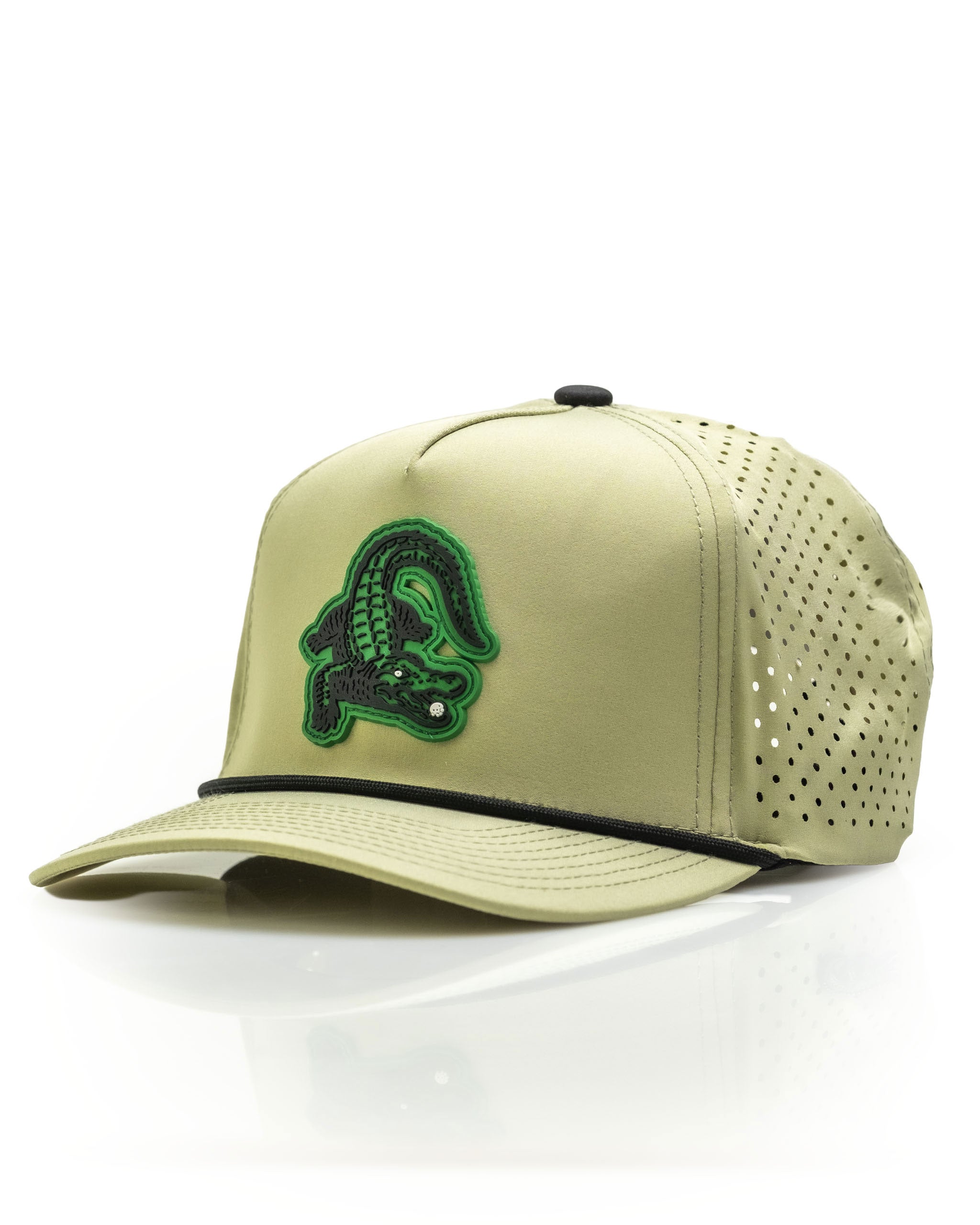 Gator Olive perforated rope hat featuring a green alligator logo and a stylish design for bold golfers.