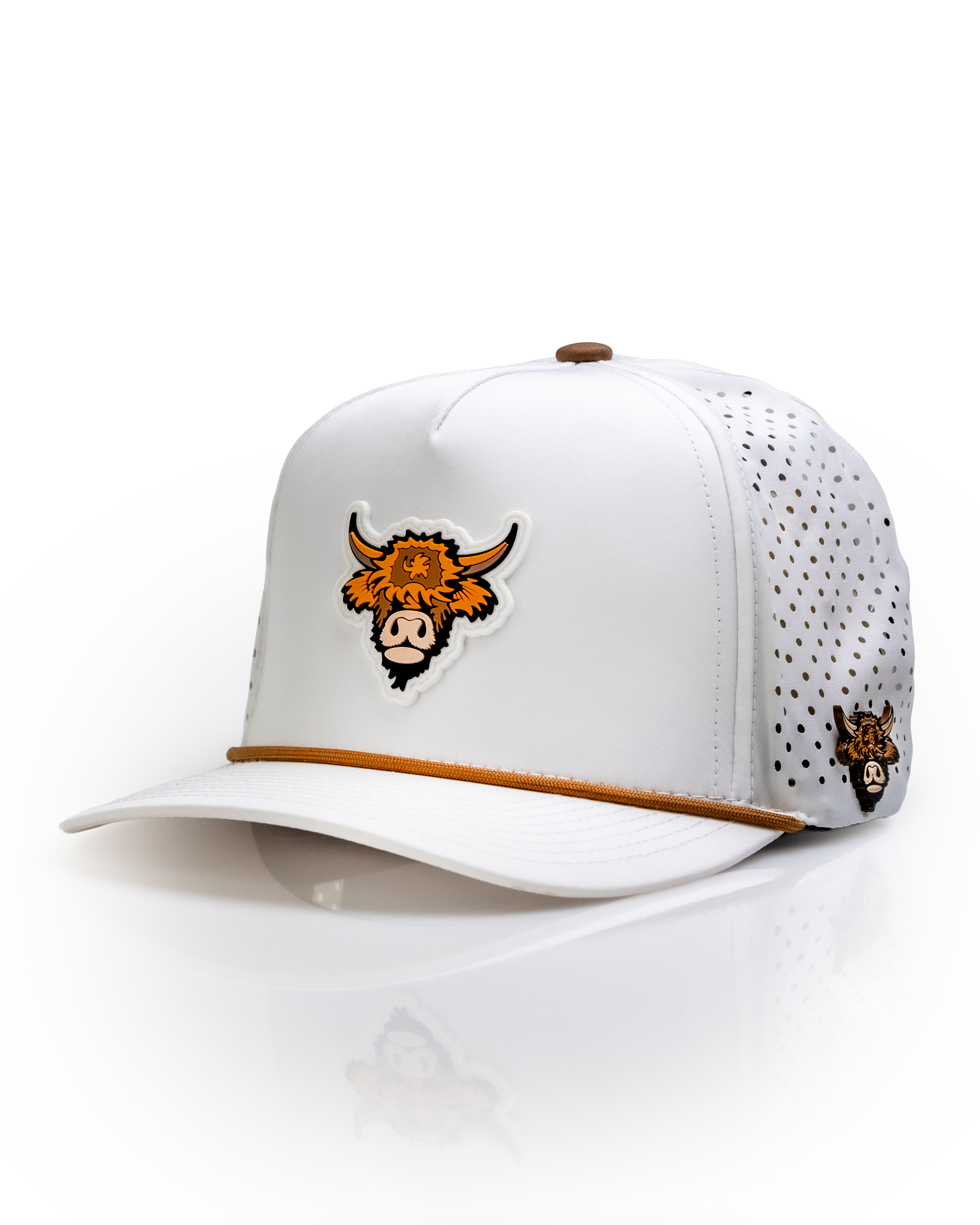 Highland Cow White perforated rope hat featuring a bold cow graphic and stylish design for standout golf fashion.