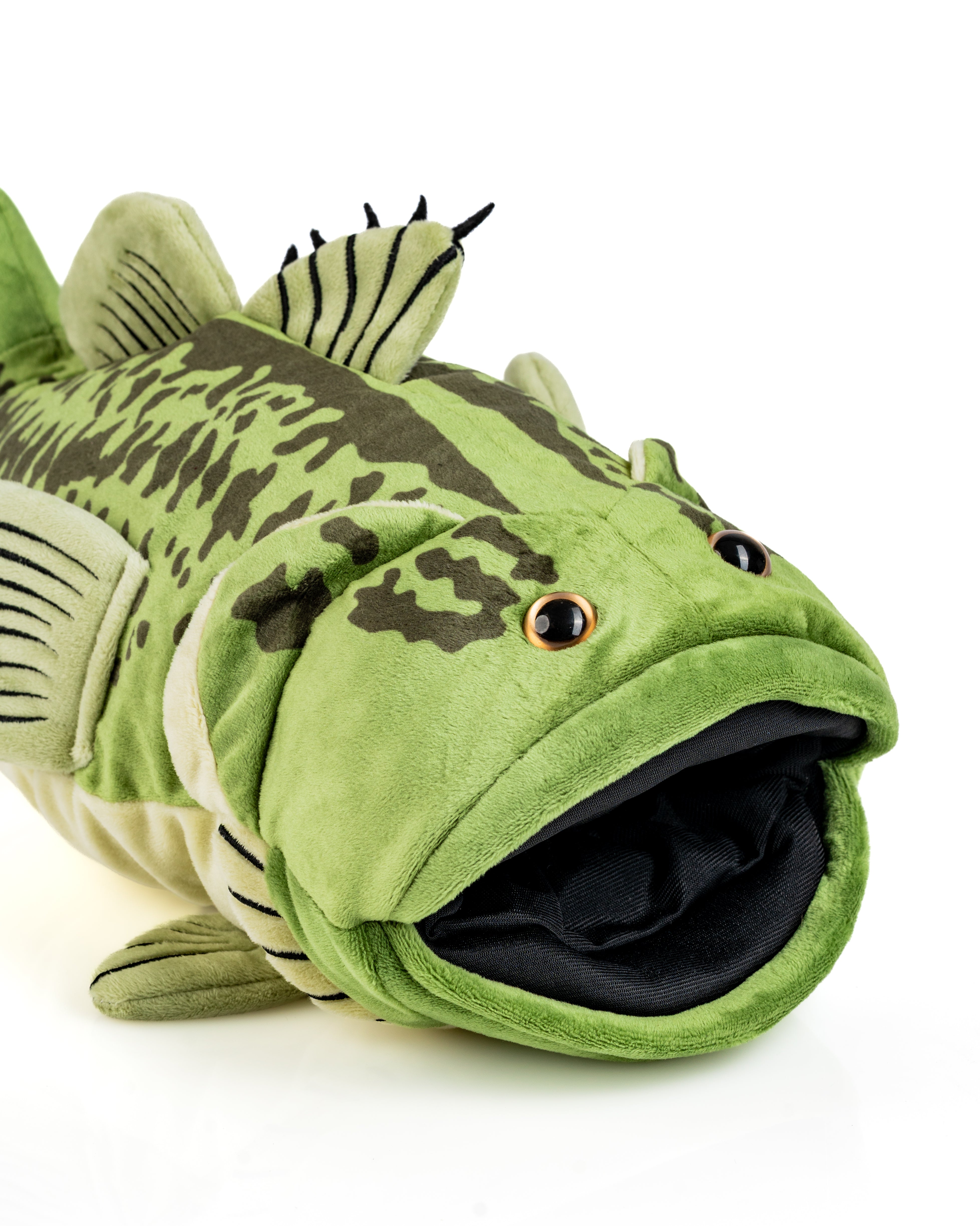 Realistic bass driver cover featuring vibrant green and black detailing, designed to protect golf clubs with a fun, unique style.
