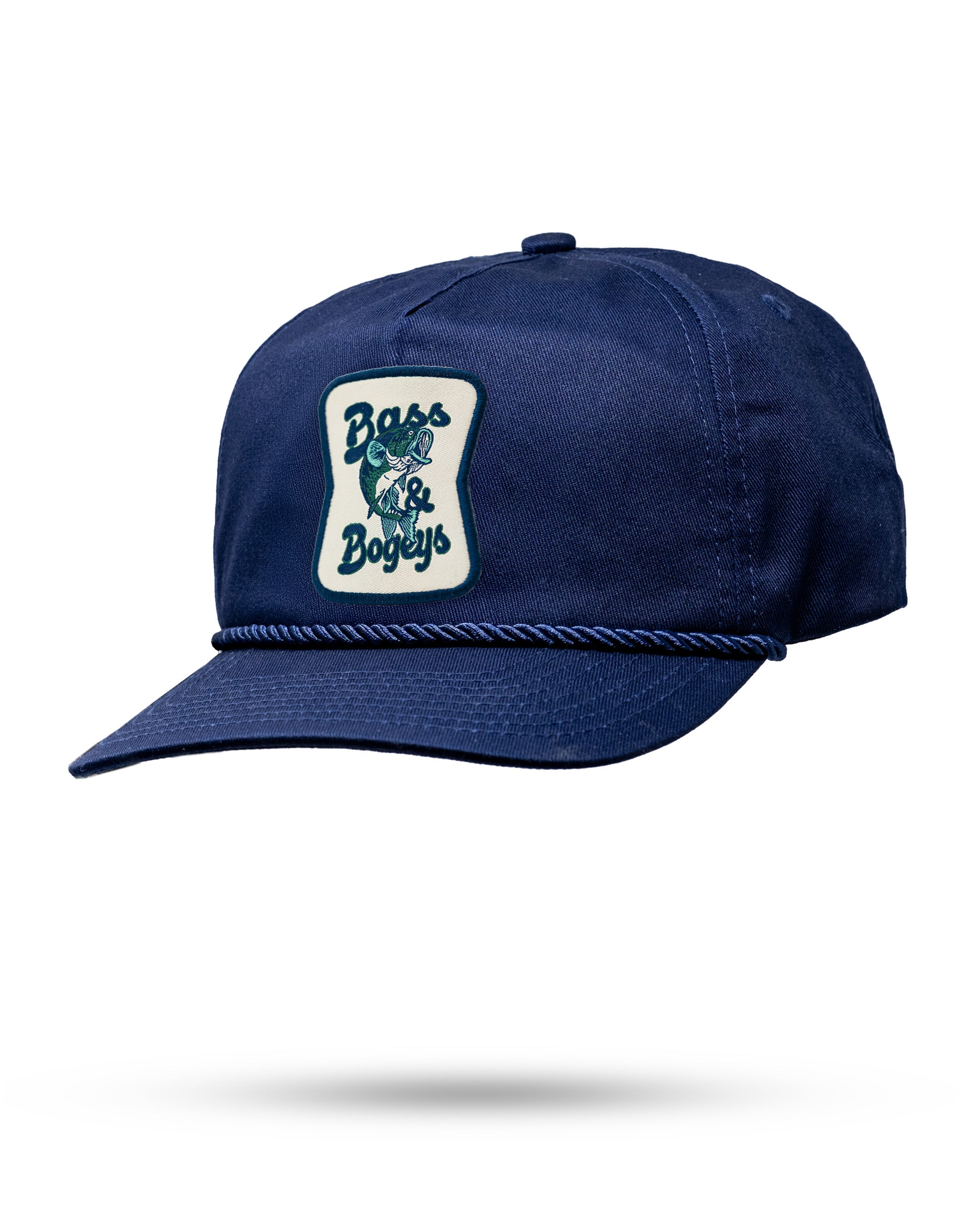 Navy Heritage Rope Hat featuring a Bass and Bogeys patch, perfect for stylish golfers seeking a unique accessory.