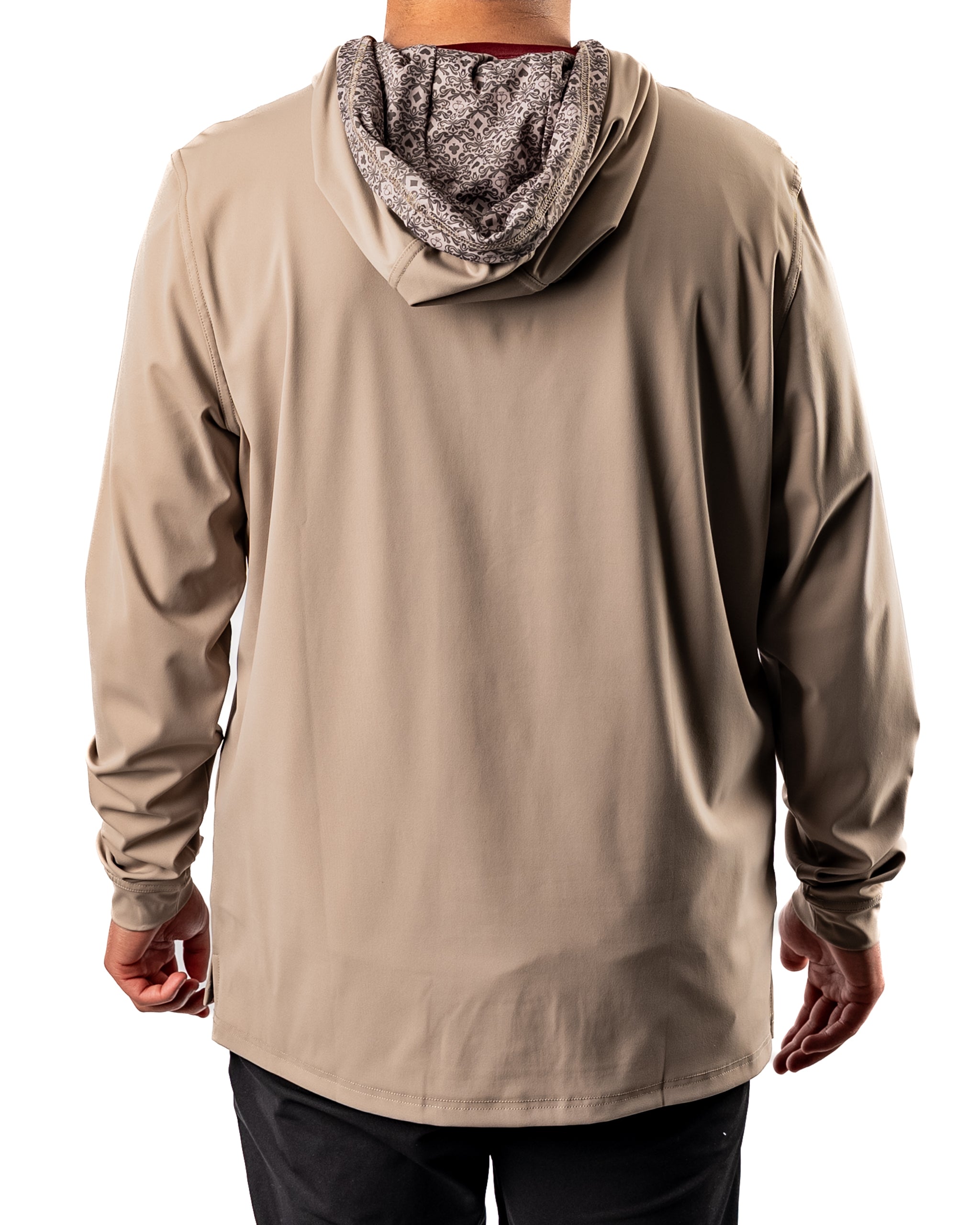 Men's performance golf hoodie in Big Blind Ash, featuring a patterned hood and a relaxed fit for comfort on the course.