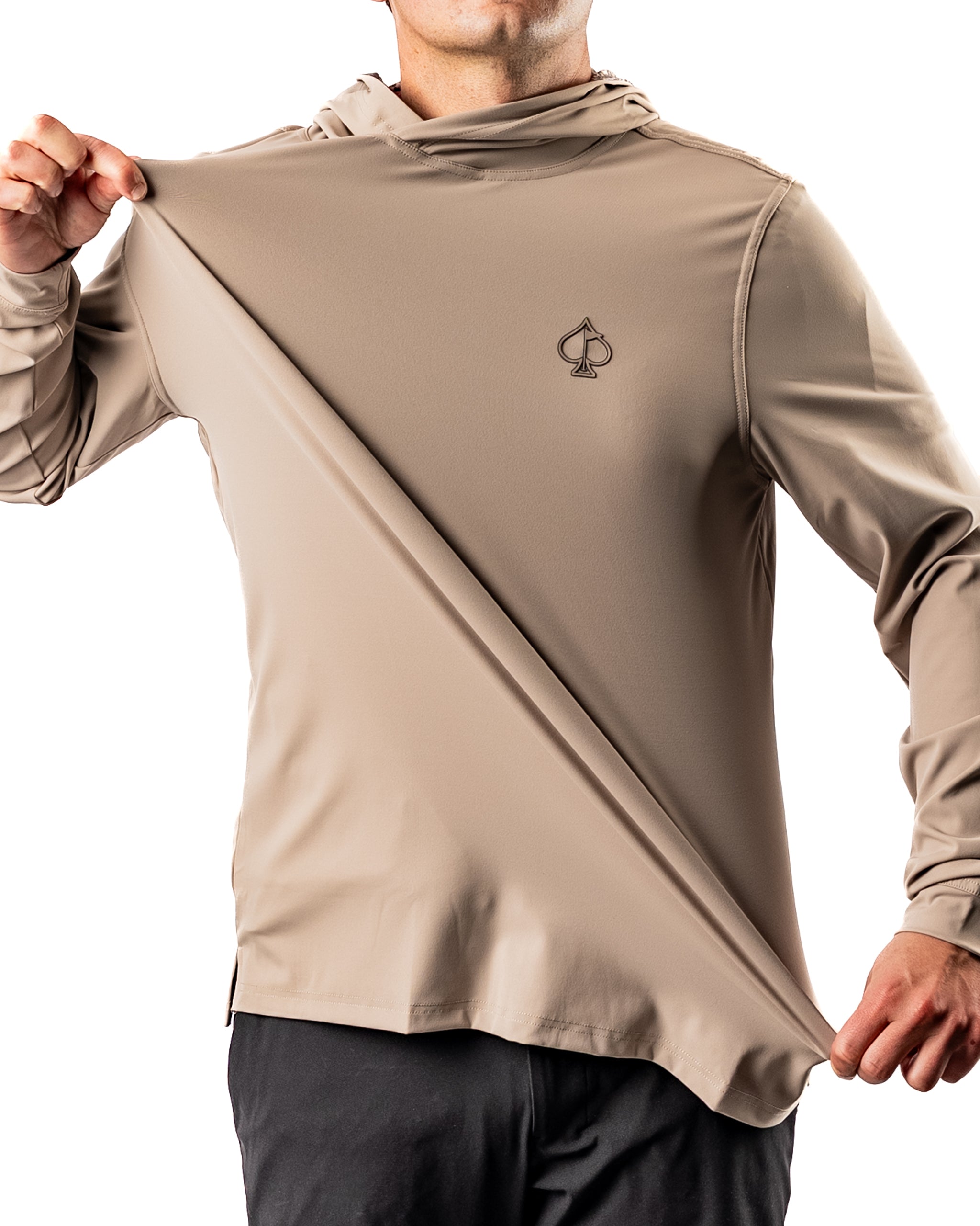 Men's performance golf hoodie in Big Blind Ash, featuring a sleek design and spade logo, ideal for stylish play on the course.