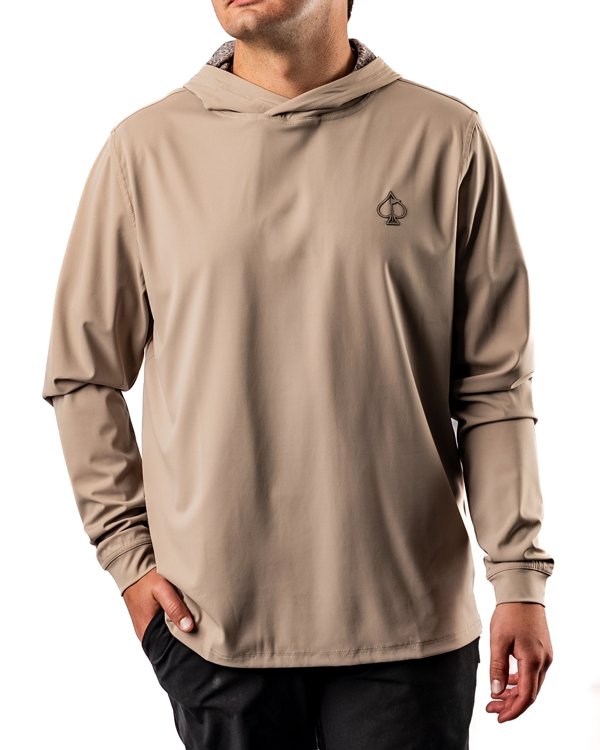 Men's performance golf hoodie in Big Blind Ash color, featuring a sleek design and a logo on the chest for stylish comfort on the course.