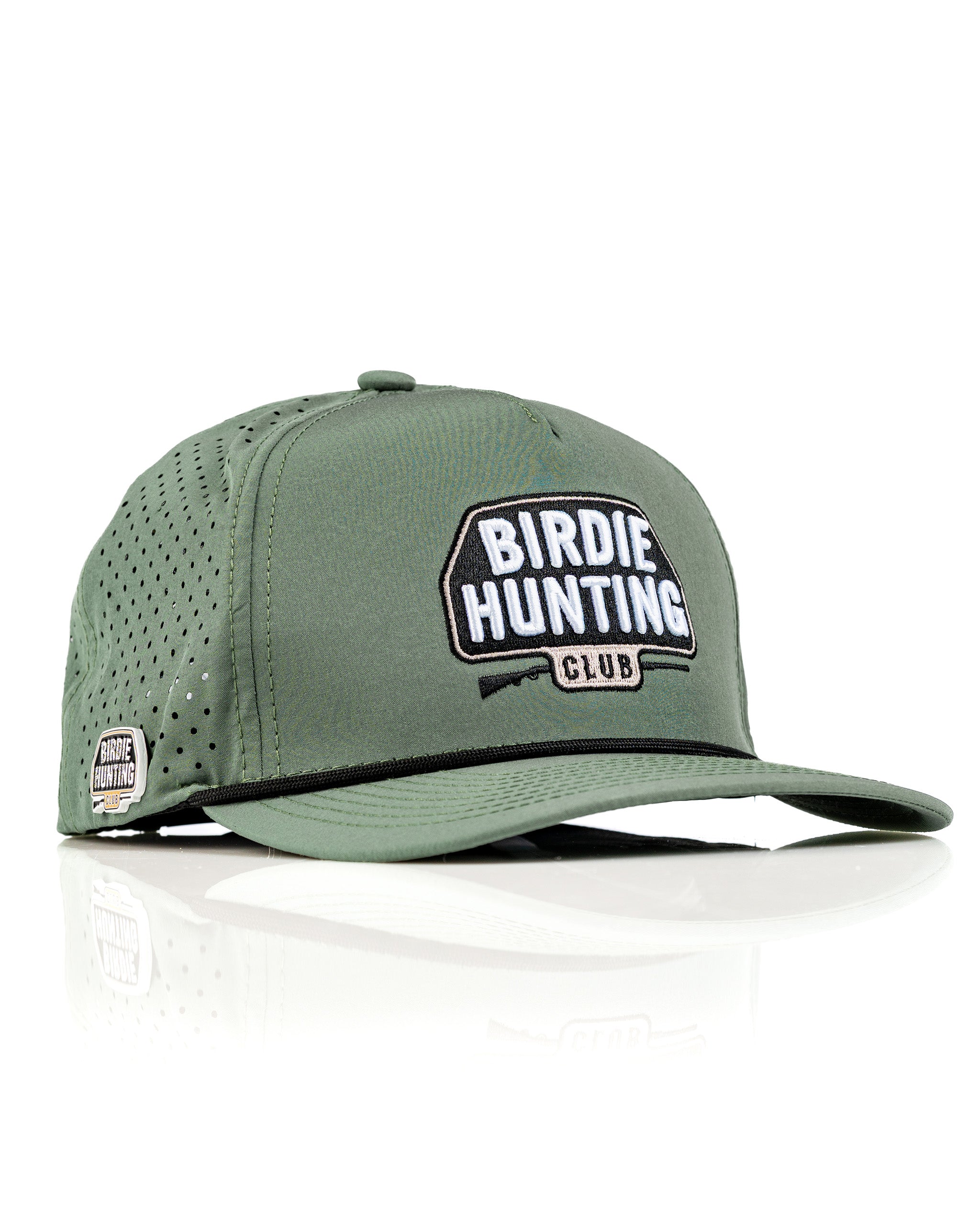 Perforated green rope hat featuring "Birdie Hunting Club" logo, designed for stylish golfers seeking unique accessories.