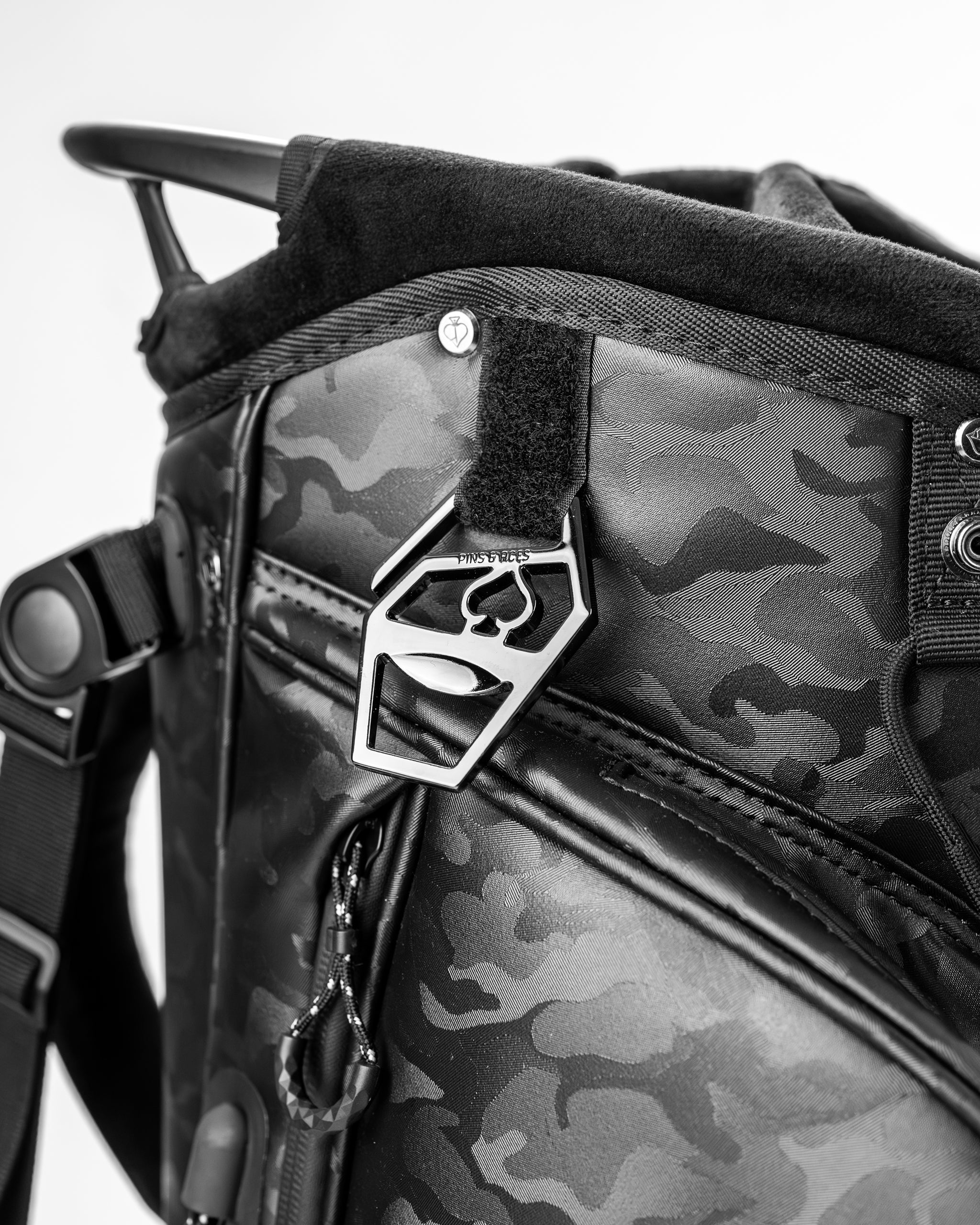 Close-up of the Player Preferred Golf Bag in black camo, showcasing the stylish design and durable materials.
