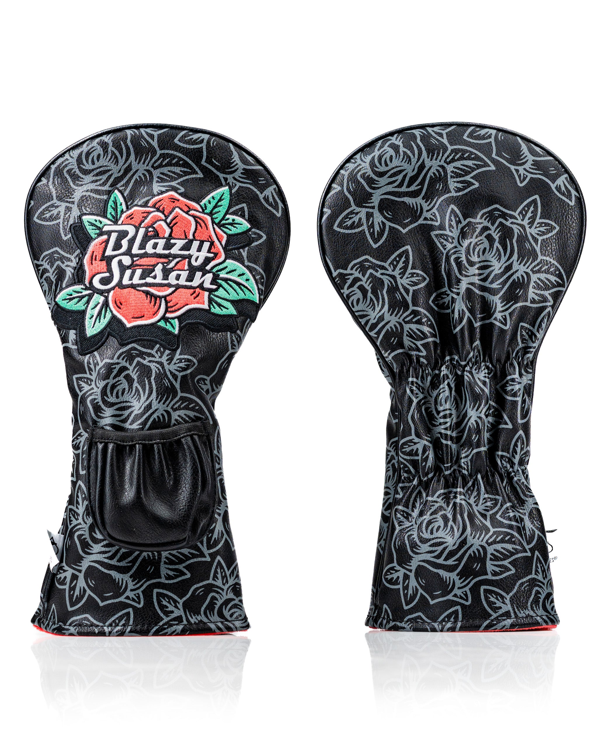 Bold black driver cover featuring a floral design and "Blazy Susan" branding, perfect for stylish golfers.