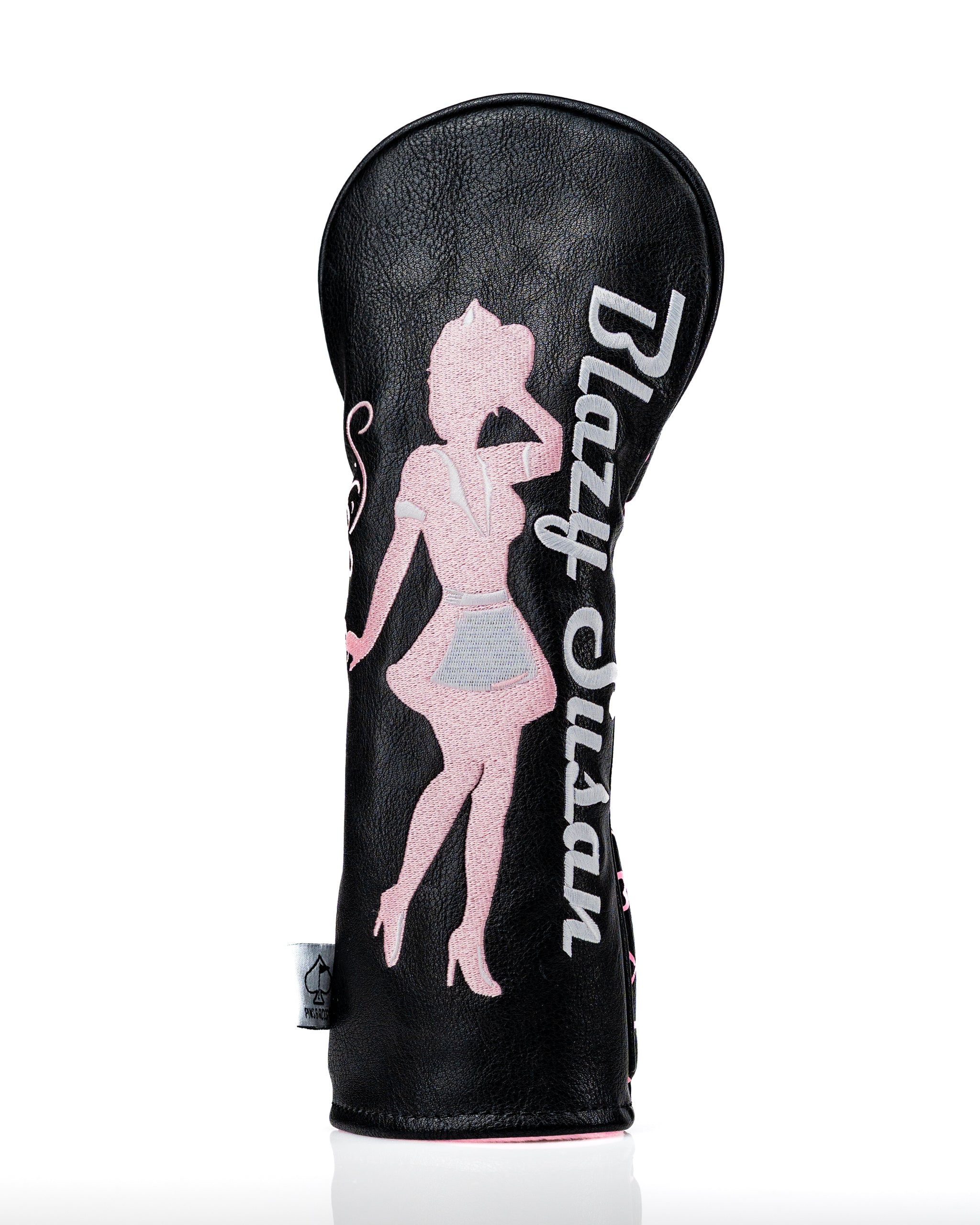 Bold black fairway cover featuring a pink silhouette of a woman with "Blazy Susan" text, designed for stylish golfers.