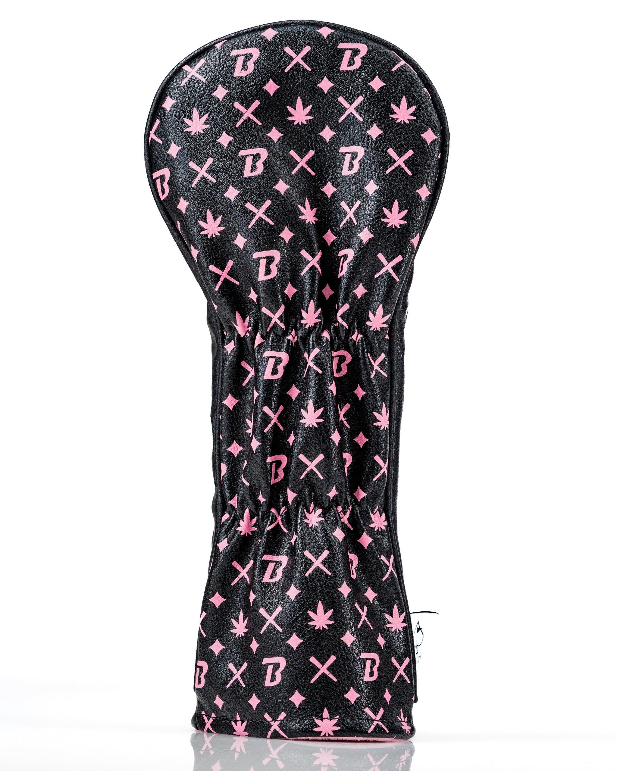 Bold black fairway cover featuring a pink pattern of crossed golf clubs and cannabis leaves, designed for stylish golfers.