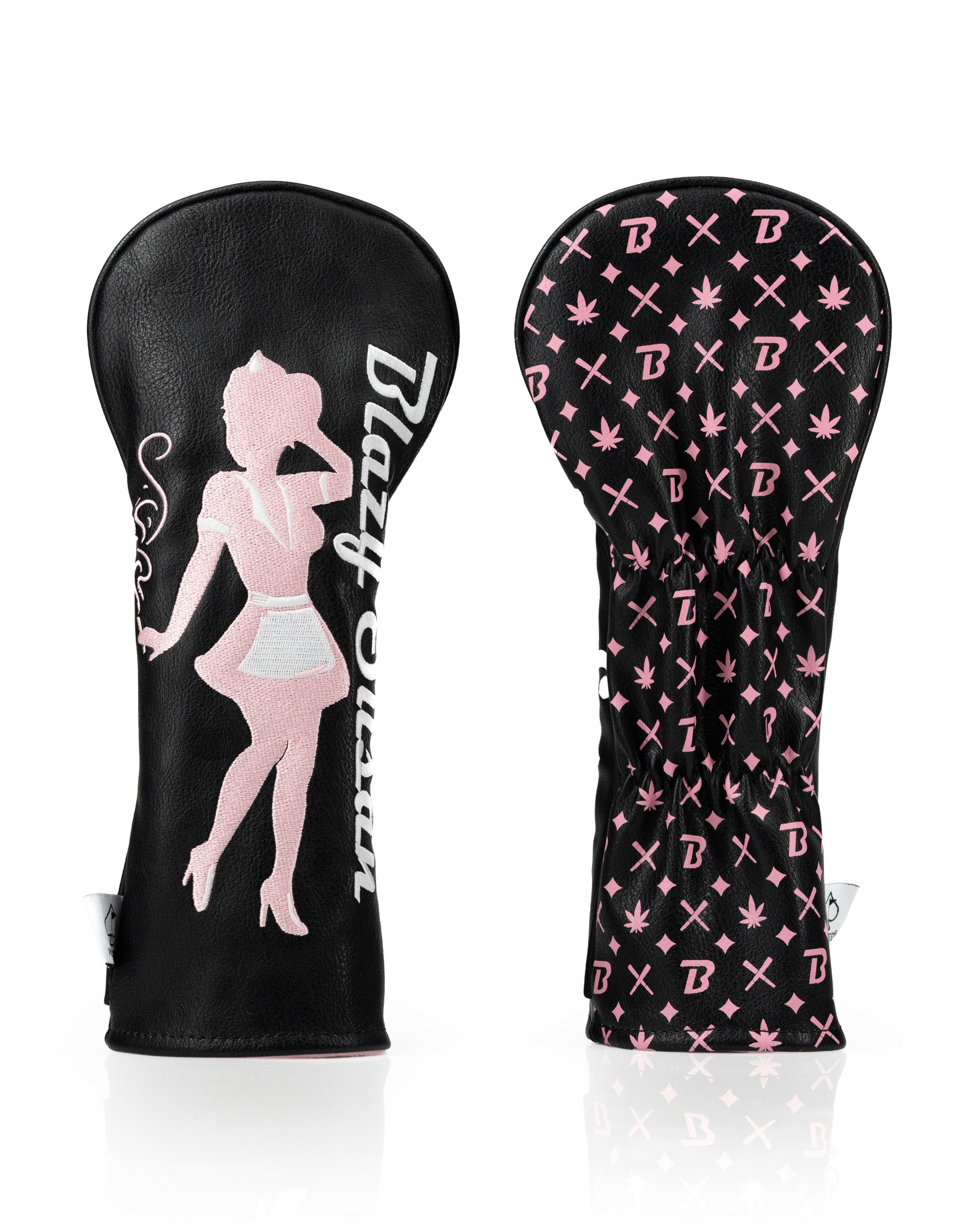 Stylish black fairway cover featuring a pink silhouette design and playful patterns, perfect for bold golfers.