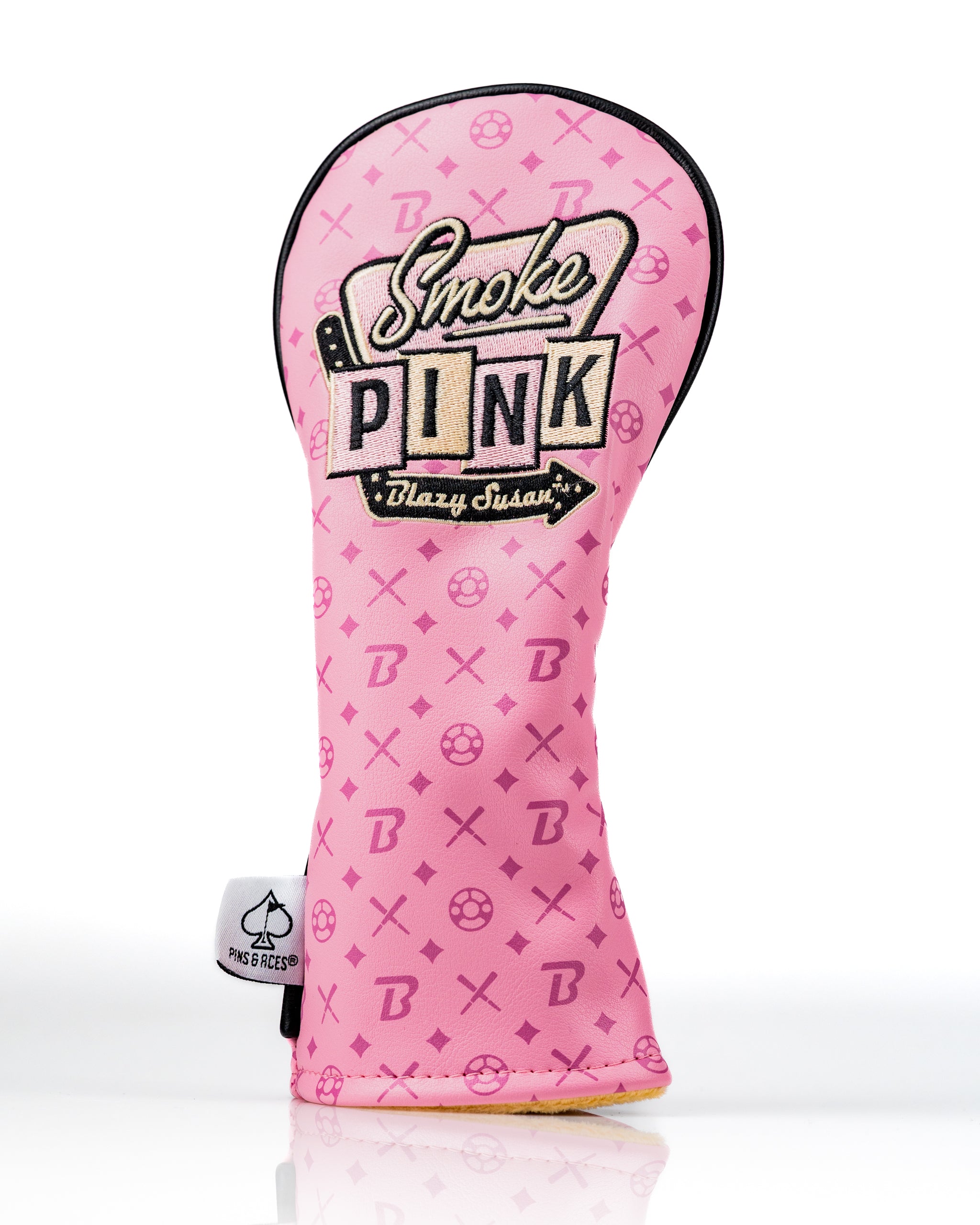 Bold pink hybrid golf cover featuring "Smoke Pink" design by Pins and Aces x Blazy Susan, perfect for stylish golfers.