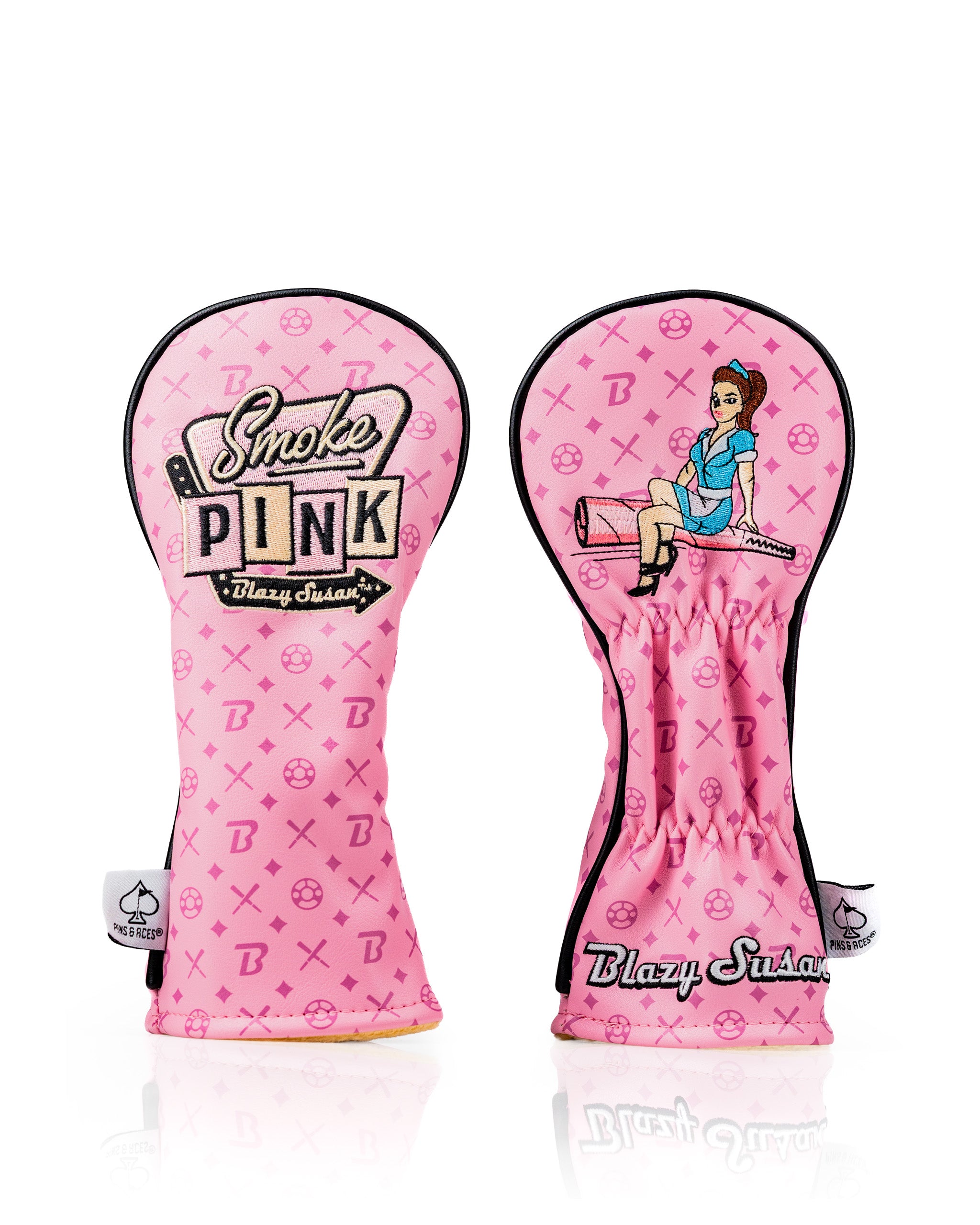 Bold pink hybrid golf cover featuring a playful design with the text "Smoke Pink" and a character illustration, perfect for stylish golfers.
