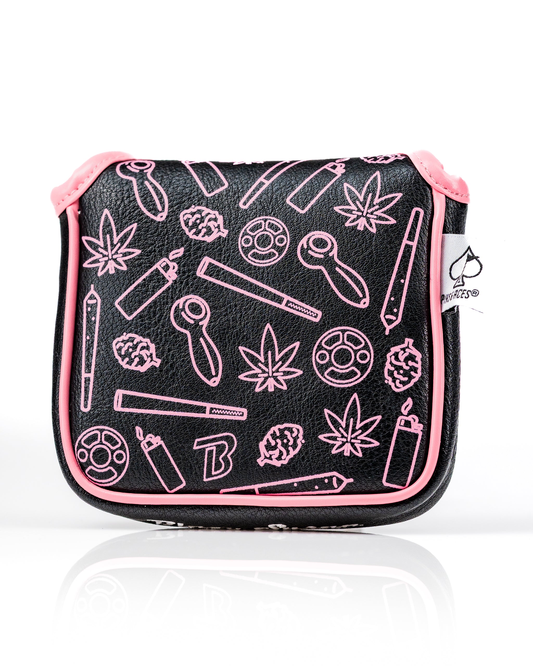Bold black mallet putter cover featuring pink cannabis-themed graphics, designed for golfers who want to stand out.