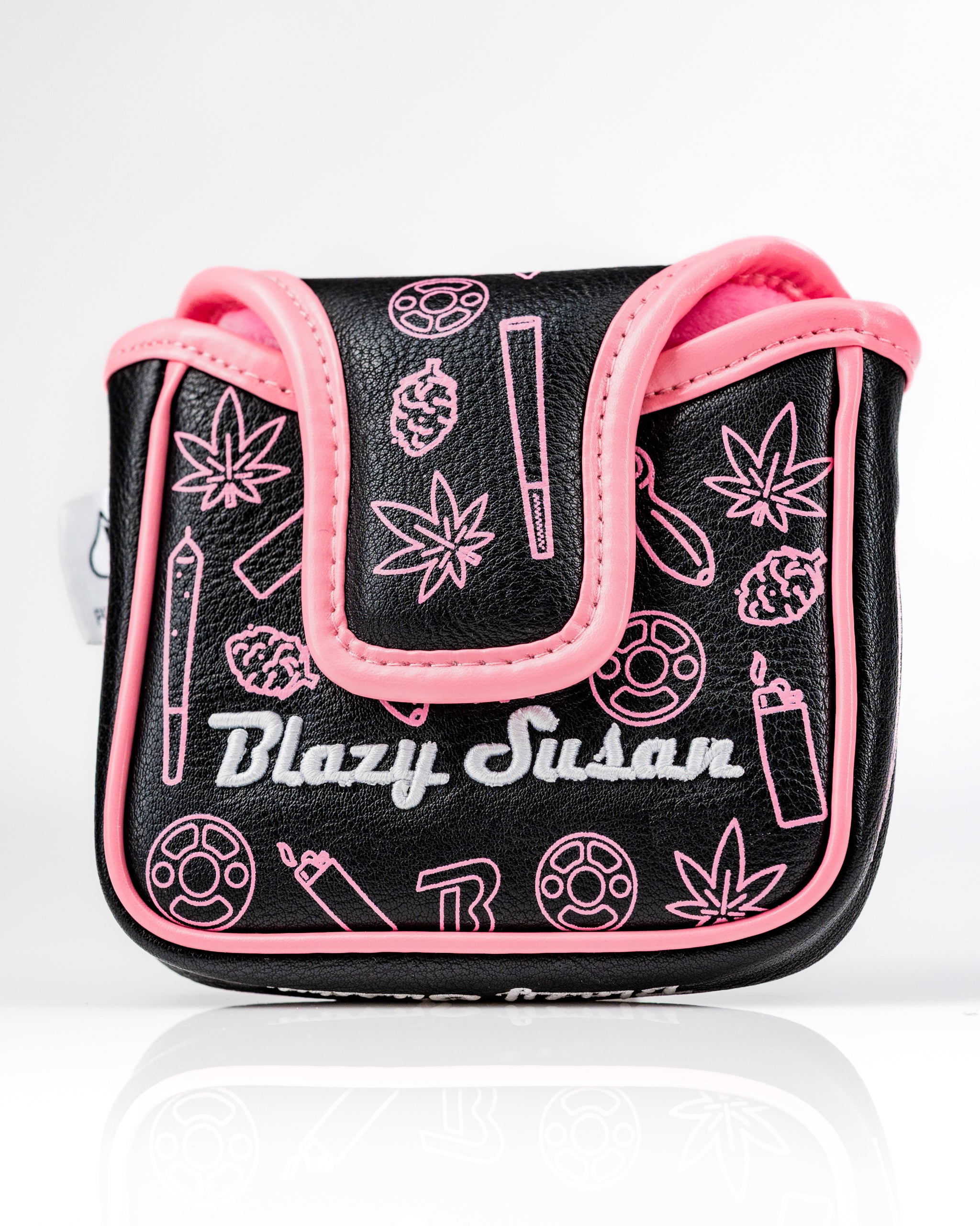 Bold black mallet putter cover featuring pink accents and a playful Blazy Susan design with cannabis-themed graphics.