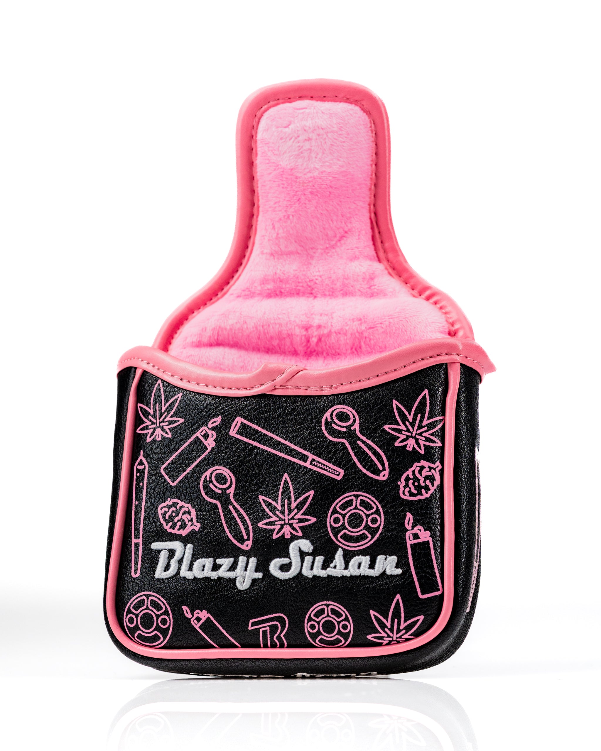 Bold black mallet putter cover featuring pink Blazy Susan graphics, designed for golfers seeking unique style on the course.