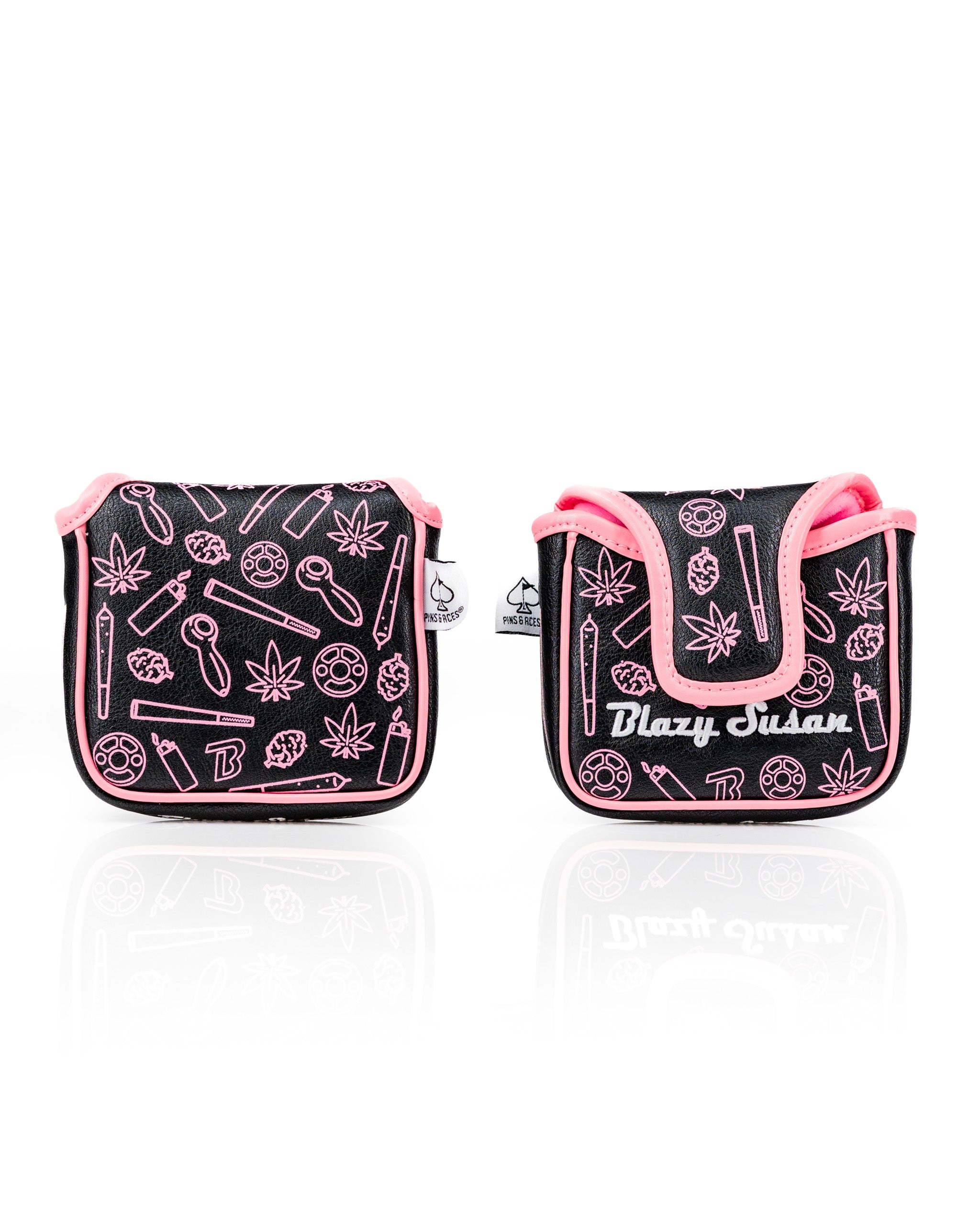 Bold black mallet putter cover featuring pink Blazy Susan graphics, perfect for golfers who want to stand out on the course.