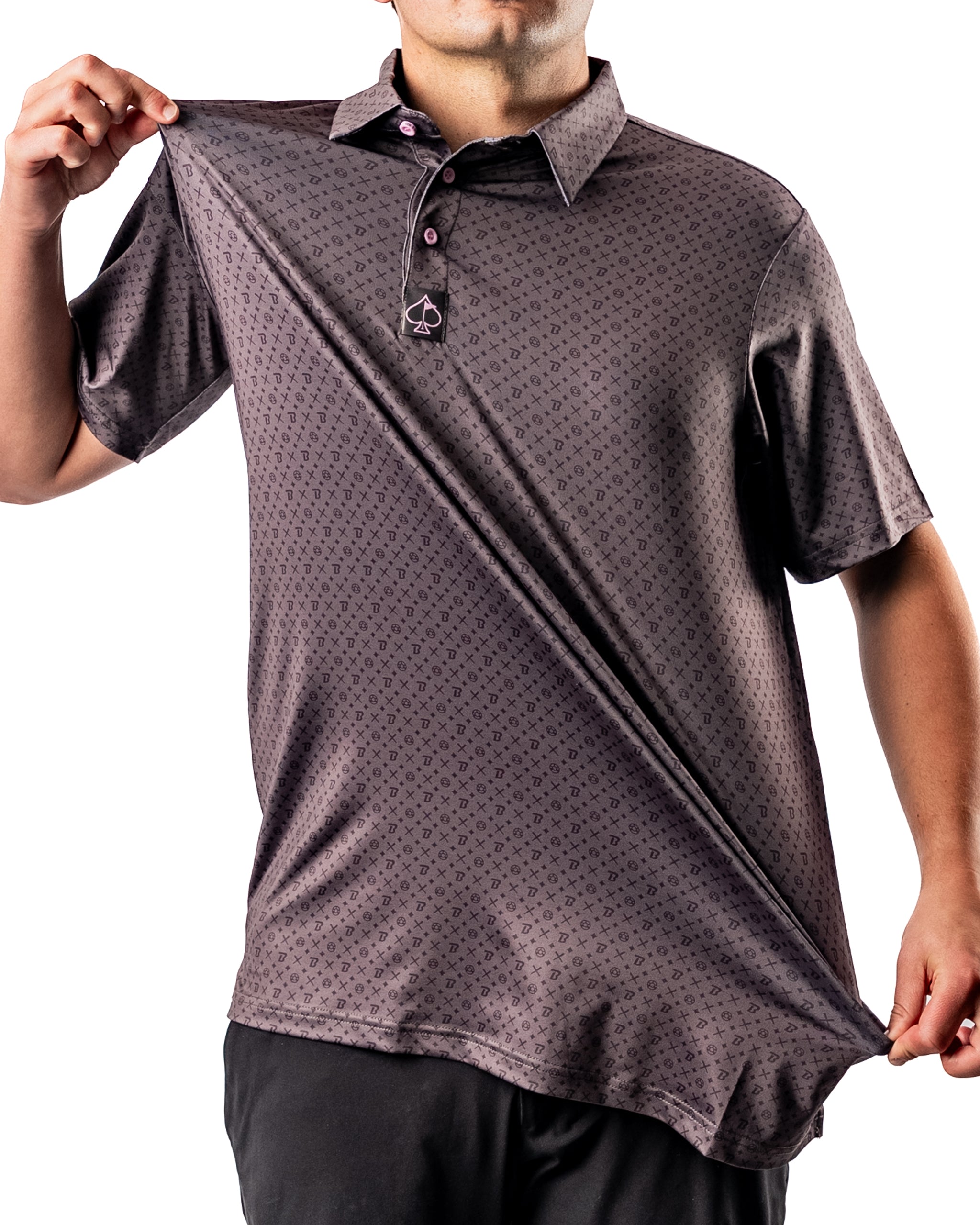 Men's golf polo shirt from Pins and Aces x Blazy Susan, featuring a stylish pattern and a modern fit.