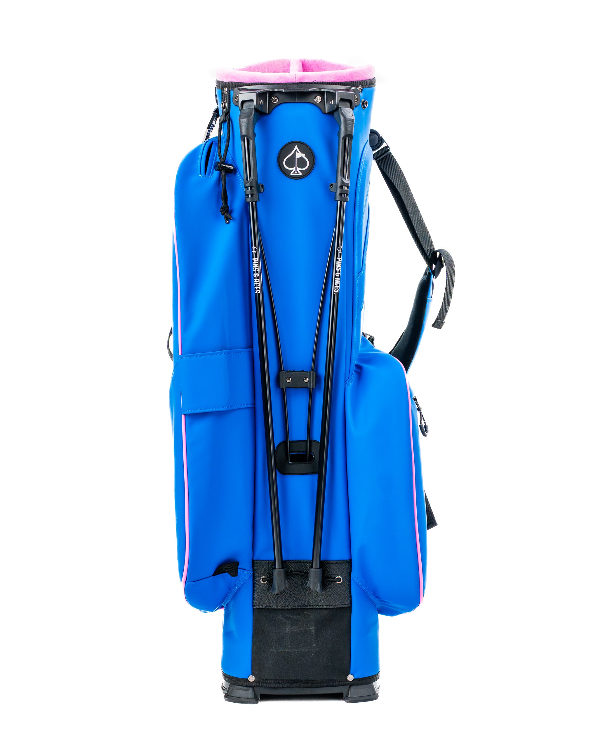 Bold blue raspberry golf bag with pink accents, featuring a sleek design and multiple pockets for gear storage.